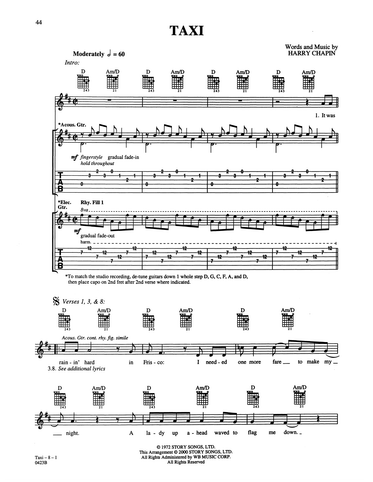 Download Harry Chapin Taxi Sheet Music and learn how to play Piano, Vocal & Guitar Chords (Right-Hand Melody) PDF digital score in minutes