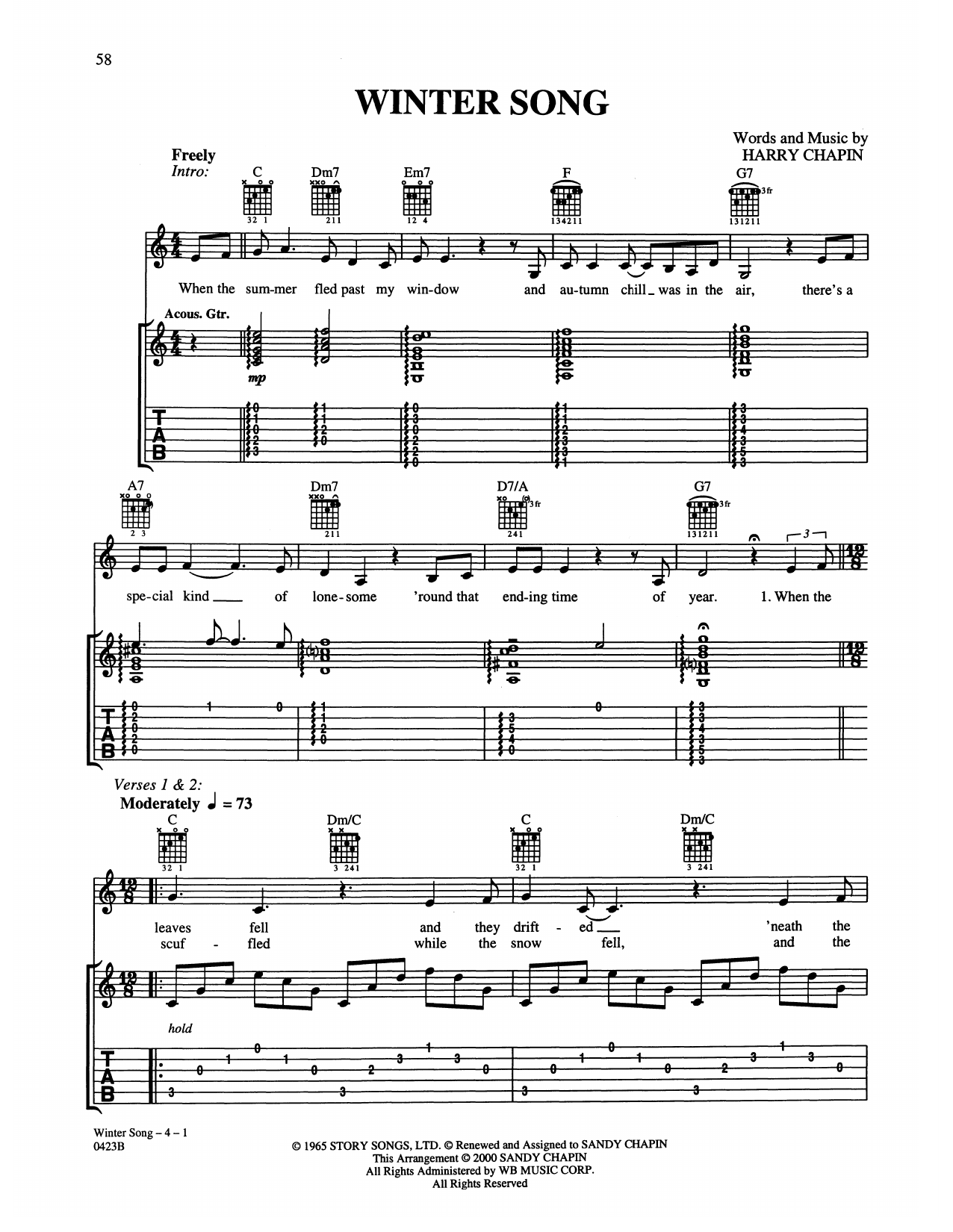 Download Harry Chapin Winter Song Sheet Music and learn how to play Guitar Tab PDF digital score in minutes