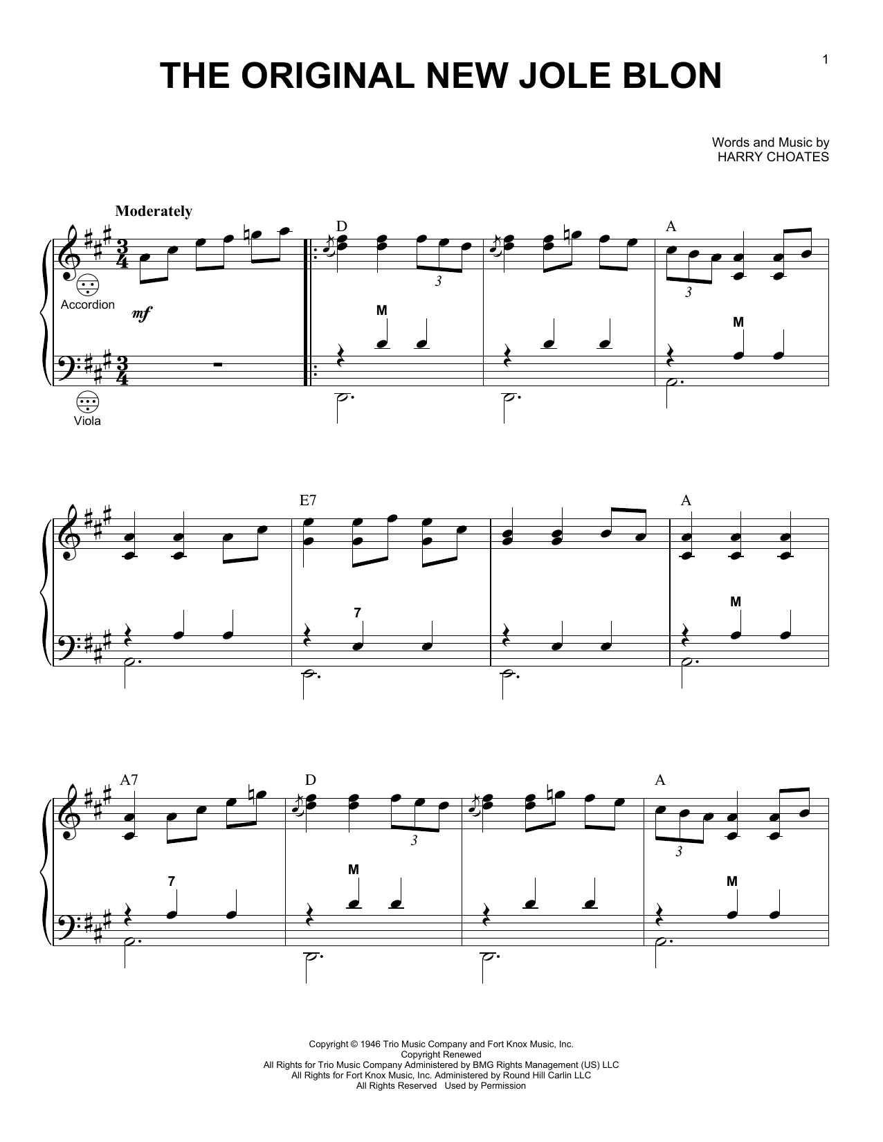Download Harry Choates The Original New Jole Blon Sheet Music and learn how to play Accordion PDF digital score in minutes