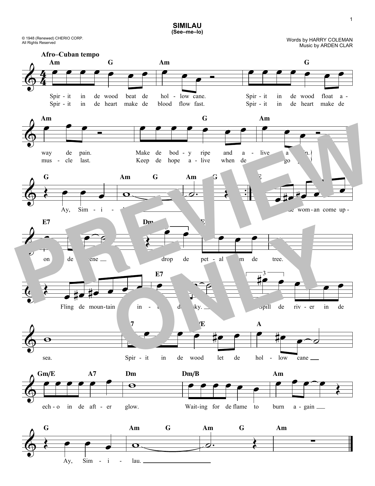 Download Harry Coleman Similau (See-me-lo) Sheet Music and learn how to play Melody Line, Lyrics & Chords PDF digital score in minutes