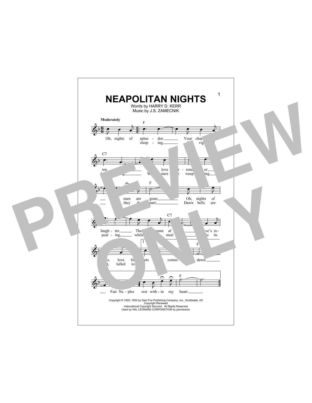 Download Harry D. Kerr Neapolitan Nights Sheet Music and learn how to play Melody Line, Lyrics & Chords PDF digital score in minutes