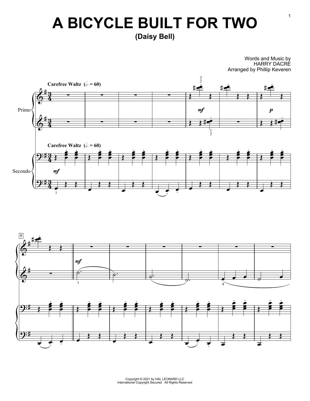 Download Harry Dacre A Bicycle Built For Two (Daisy Bell) (arr. Phillip Keveren) Sheet Music and learn how to play Piano Duet PDF digital score in minutes