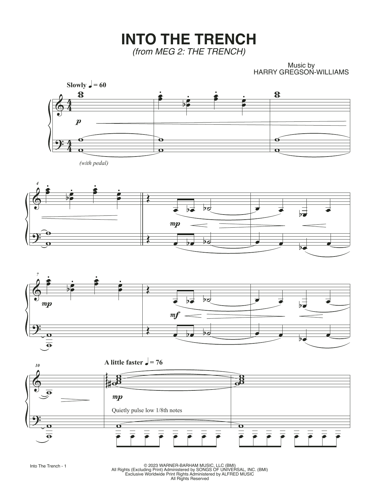 Download Harry Gregson-Williams Into The Trench (from Meg 2: The Trench) Sheet Music and learn how to play Piano Solo PDF digital score in minutes