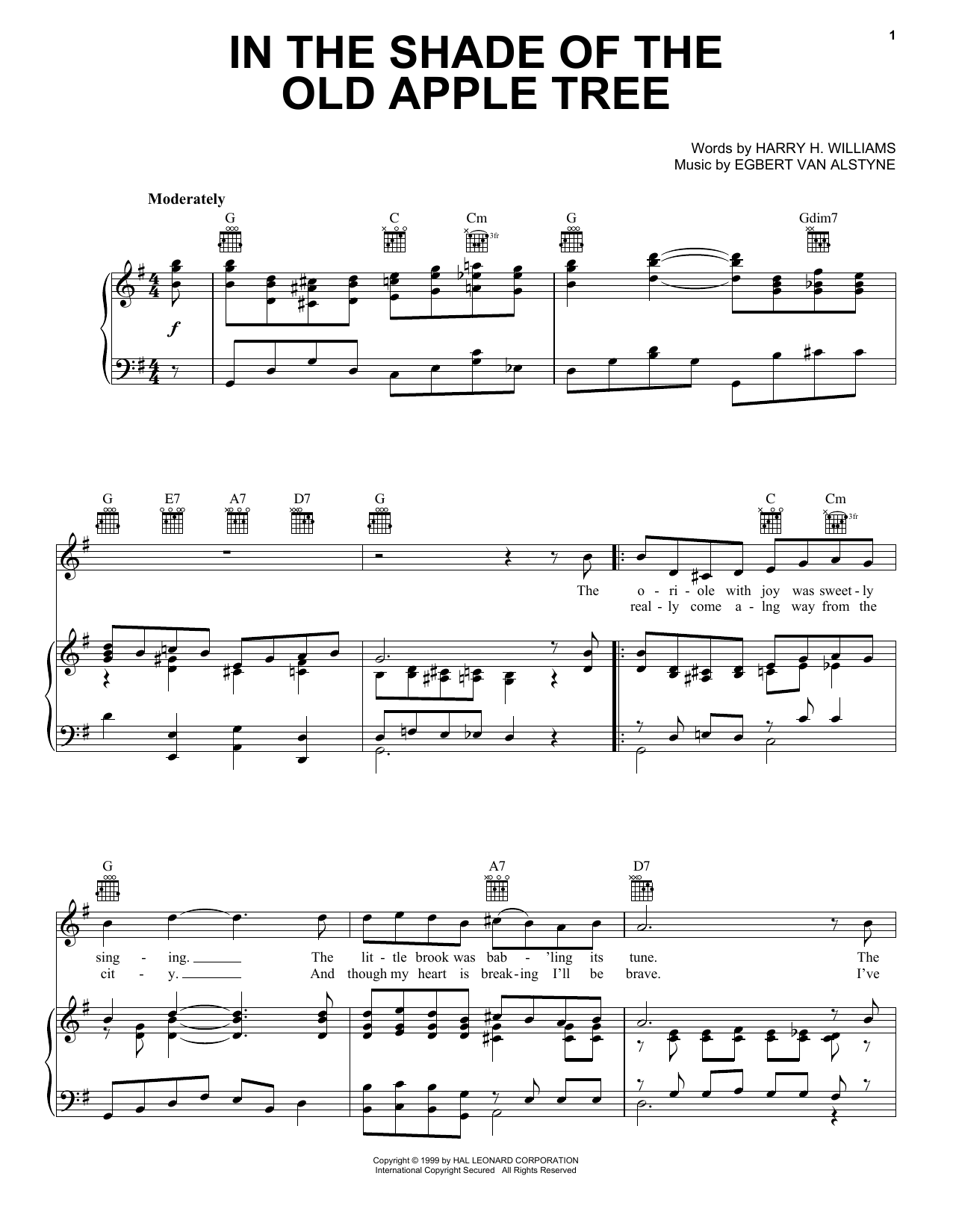 Download Harry H. Williams In The Shade Of The Old Apple Tree Sheet Music and learn how to play Piano, Vocal & Guitar Chords (Right-Hand Melody) PDF digital score in minutes