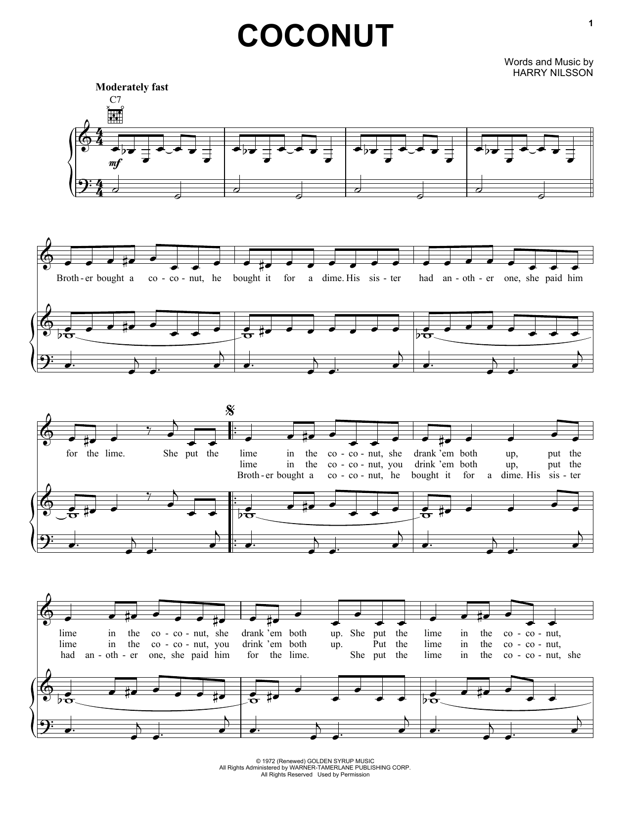 Download Harry Nilsson Coconut Sheet Music and learn how to play Piano, Vocal & Guitar (Right-Hand Melody) PDF digital score in minutes