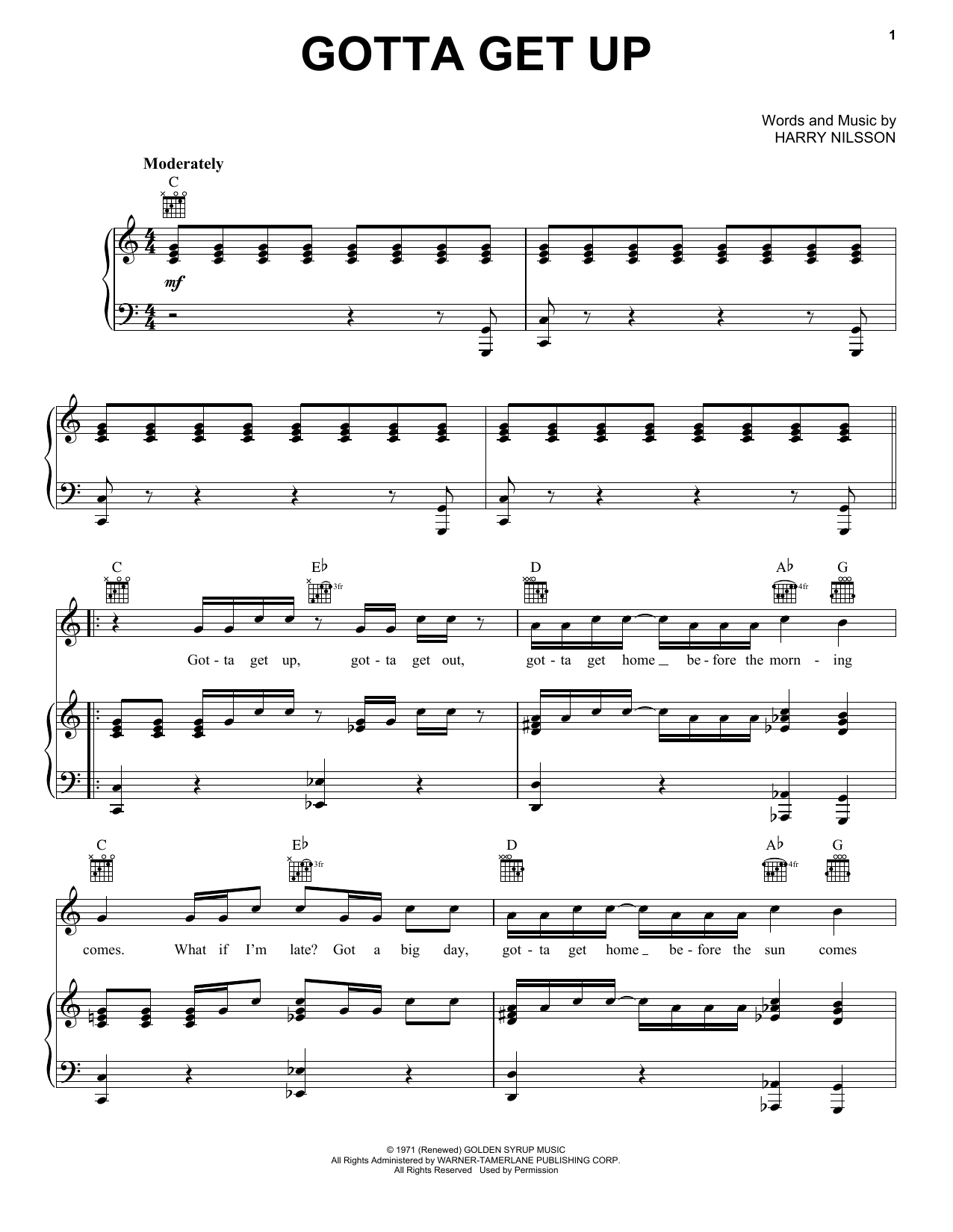 Download Harry Nilsson Gotta Get Up Sheet Music and learn how to play Piano, Vocal & Guitar (Right-Hand Melody) PDF digital score in minutes