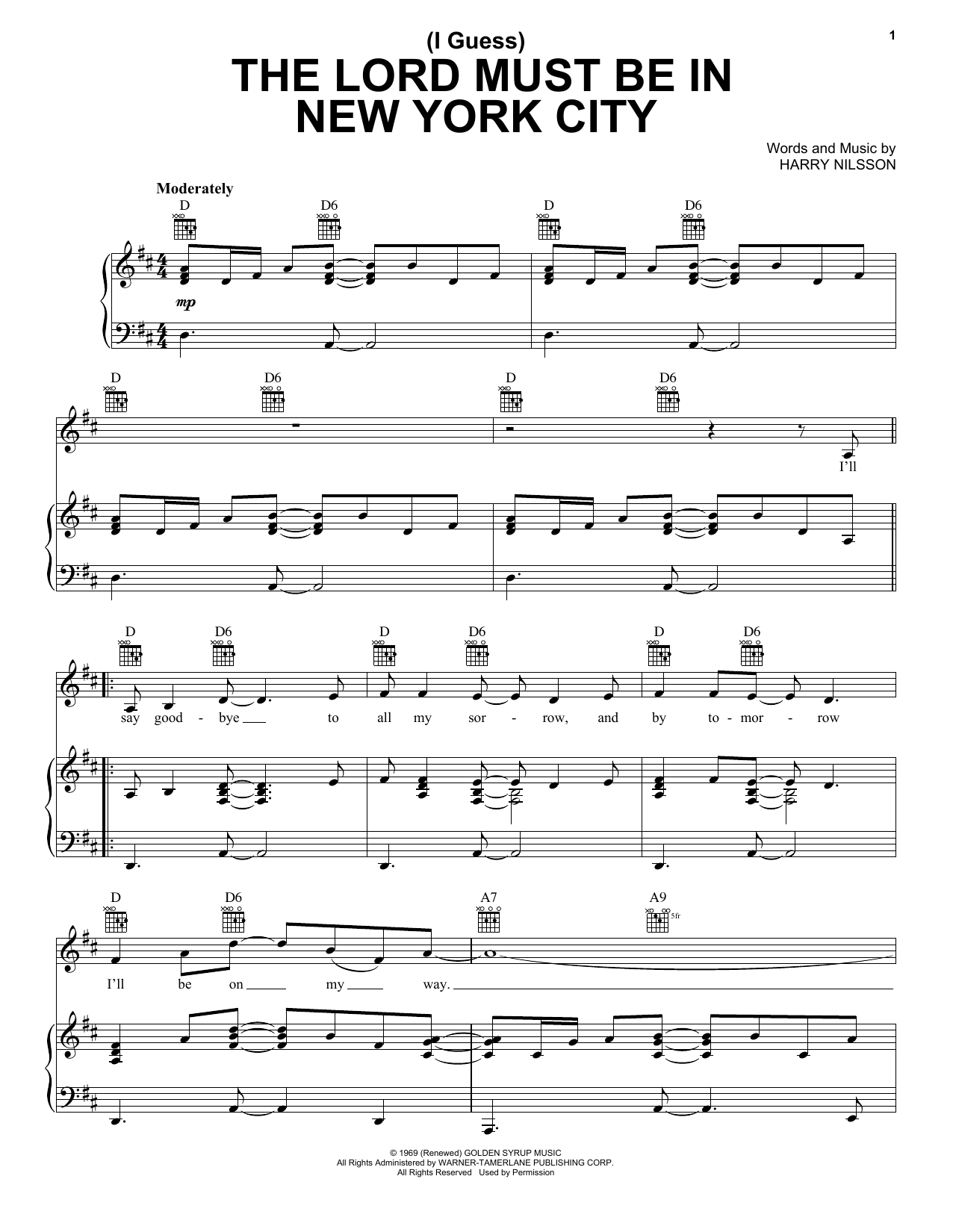 Download Harry Nilsson (I Guess) The Lord Must Be In New York City Sheet Music and learn how to play Piano, Vocal & Guitar (Right-Hand Melody) PDF digital score in minutes
