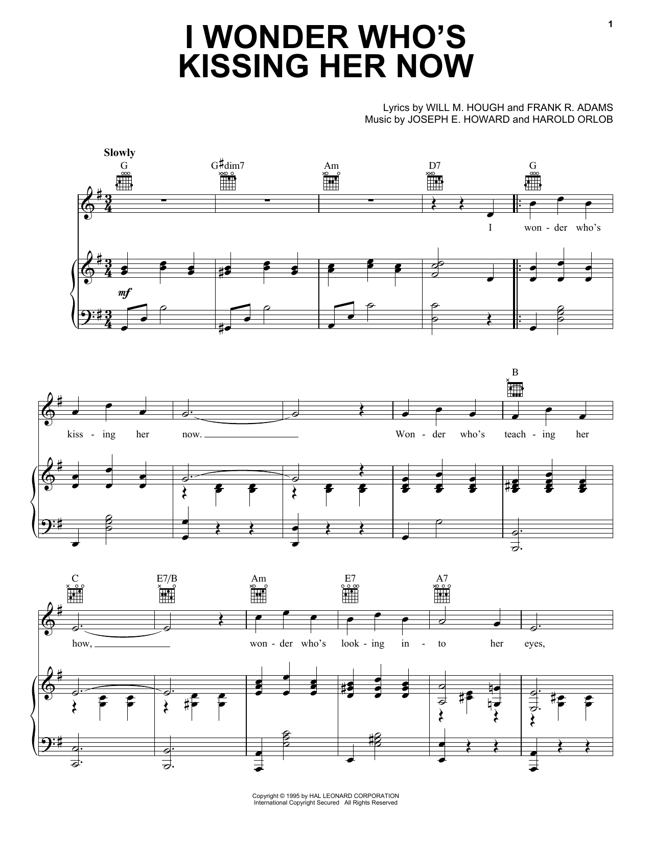 Download Harry Nilsson I Wonder Who's Kissing Her Now Sheet Music and learn how to play Piano, Vocal & Guitar Chords (Right-Hand Melody) PDF digital score in minutes