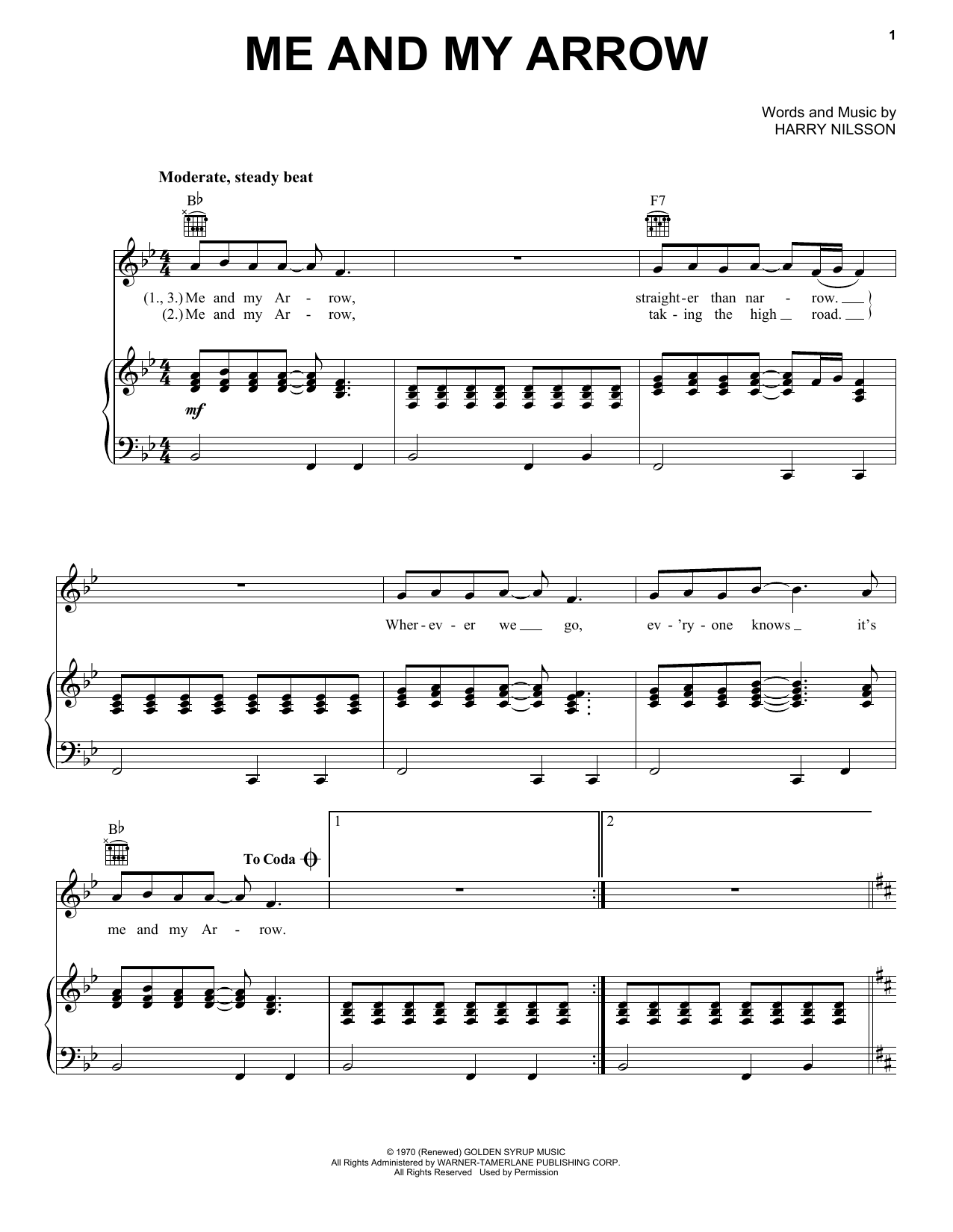 Download Harry Nilsson Me And My Arrow Sheet Music and learn how to play Piano, Vocal & Guitar (Right-Hand Melody) PDF digital score in minutes