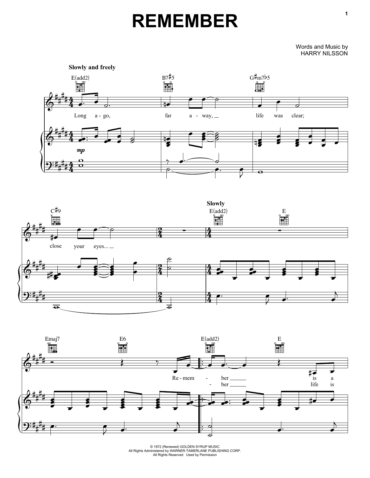 Download Harry Nilsson Remember Sheet Music and learn how to play Piano, Vocal & Guitar (Right-Hand Melody) PDF digital score in minutes