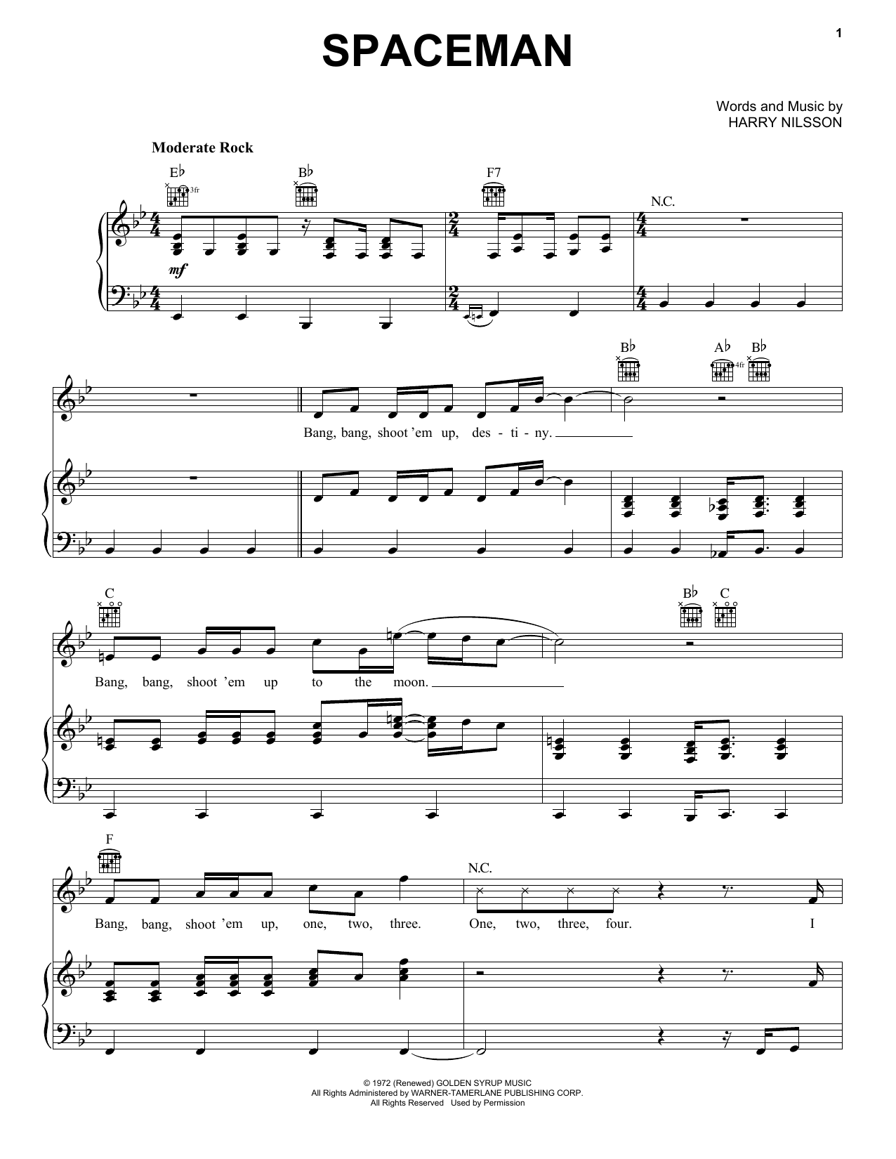 Download Harry Nilsson Spaceman Sheet Music and learn how to play Piano, Vocal & Guitar (Right-Hand Melody) PDF digital score in minutes