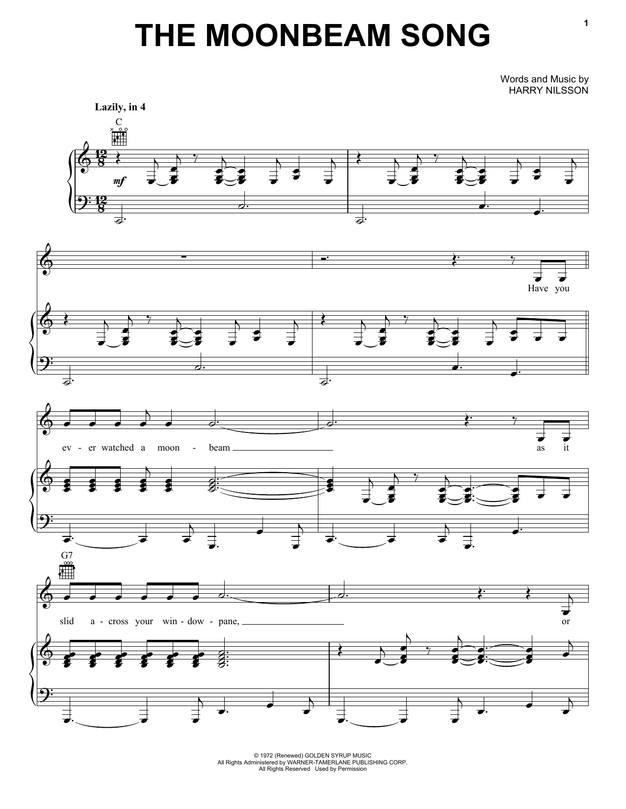 Download Harry Nilsson The Moonbeam Song Sheet Music and learn how to play Piano, Vocal & Guitar (Right-Hand Melody) PDF digital score in minutes