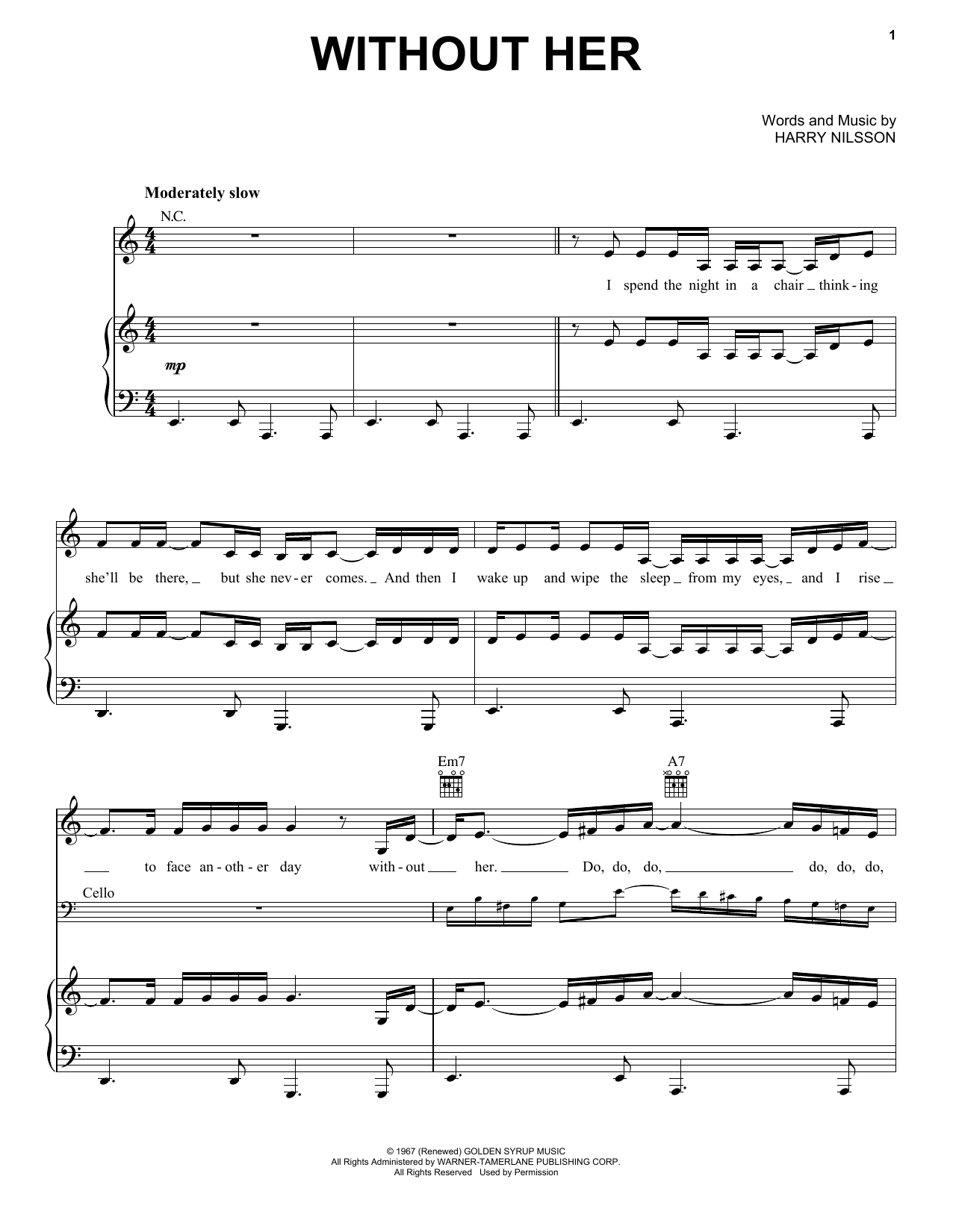 Download Harry Nilsson Without Her Sheet Music and learn how to play Piano, Vocal & Guitar (Right-Hand Melody) PDF digital score in minutes