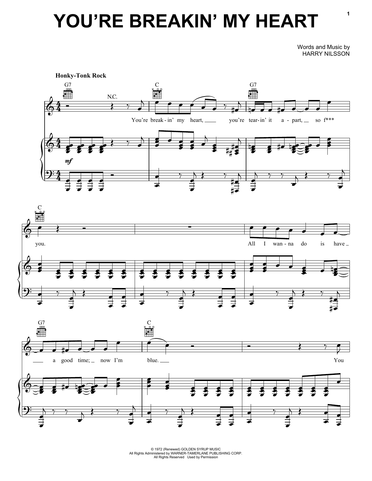 Download Harry Nilsson You're Breakin' My Heart Sheet Music and learn how to play Piano, Vocal & Guitar (Right-Hand Melody) PDF digital score in minutes