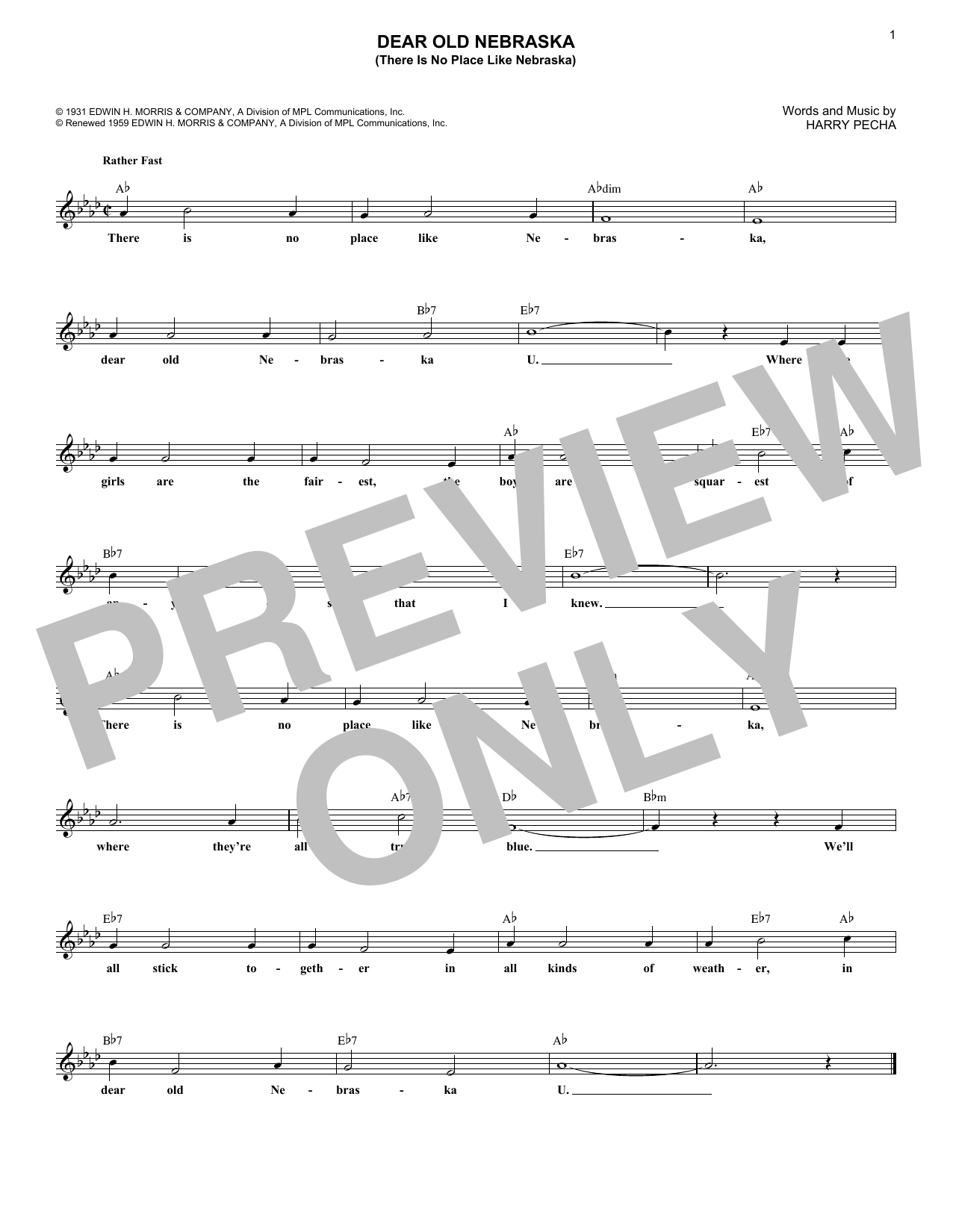 Download Harry Pecha Dear Old Nebraska U. (There Is No Place Like Nebraska) Sheet Music and learn how to play Melody Line, Lyrics & Chords PDF digital score in minutes