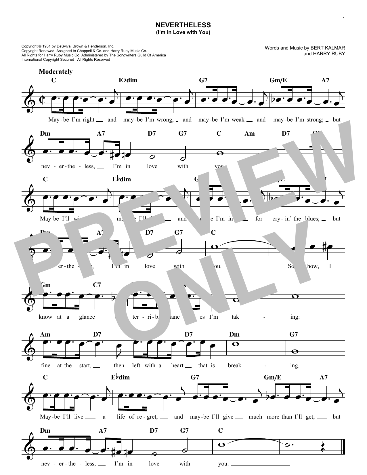 Download Harry Ruby Nevertheless (I'm In Love With You) Sheet Music and learn how to play Melody Line, Lyrics & Chords PDF digital score in minutes