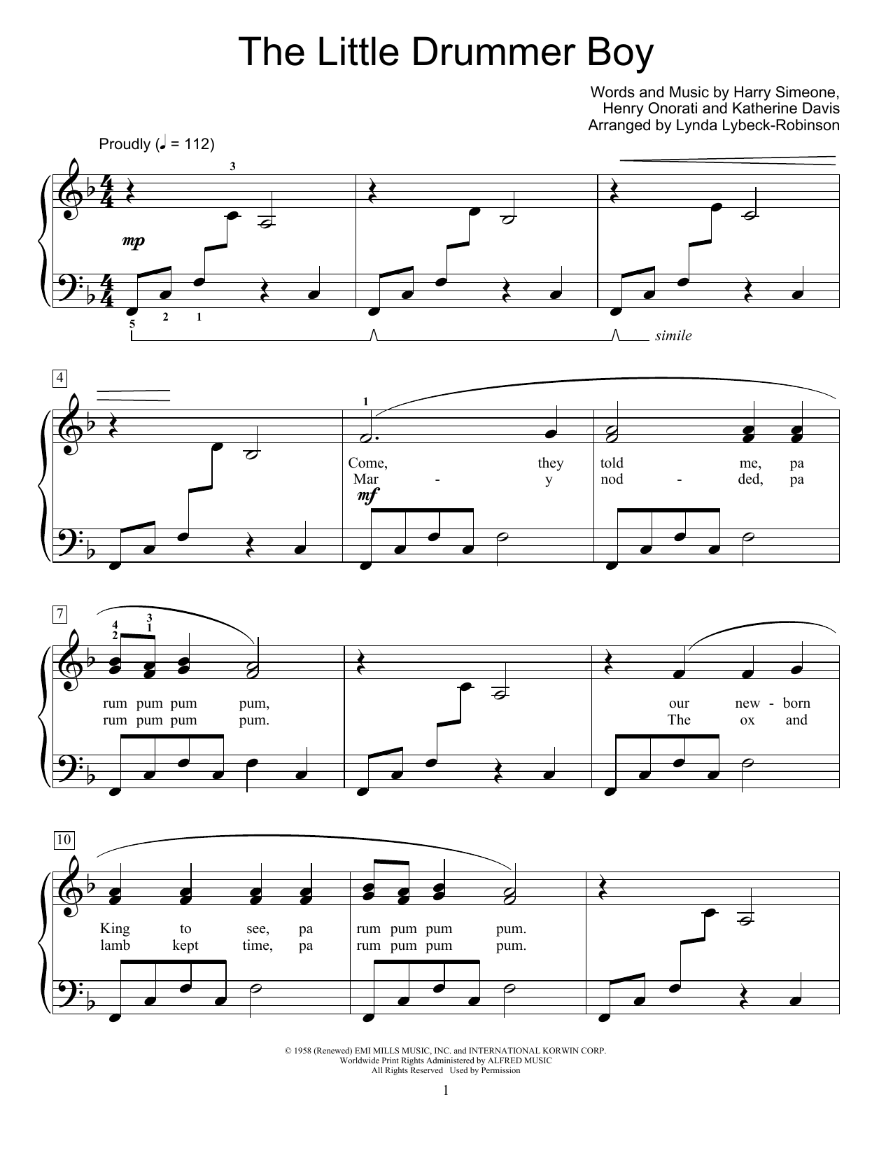 Download Harry Simeone The Little Drummer Boy (arr. Lynda Lybeck-Robinson) Sheet Music and learn how to play Educational Piano PDF digital score in minutes