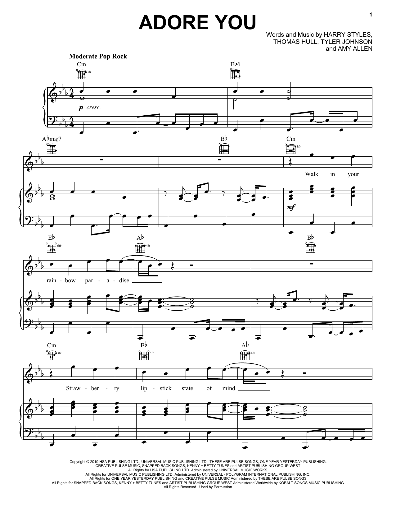 Download Harry Styles Adore You Sheet Music and learn how to play Very Easy Piano PDF digital score in minutes
