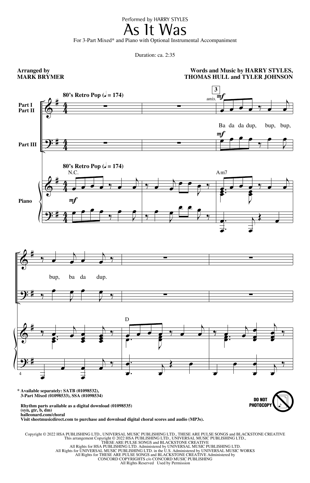 Download Harry Styles As It Was (arr. Mark Brymer) Sheet Music and learn how to play SSA Choir PDF digital score in minutes