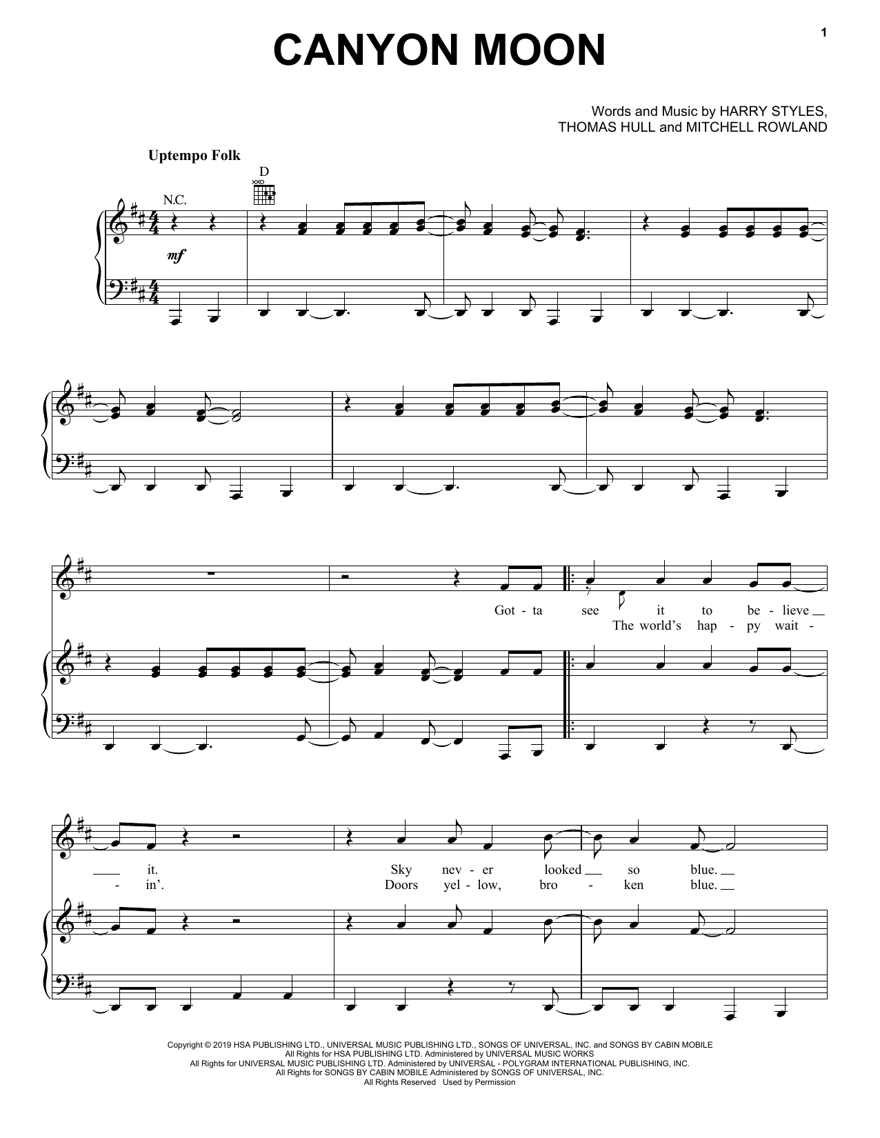 Download Harry Styles Canyon Moon Sheet Music and learn how to play Piano, Vocal & Guitar Chords (Right-Hand Melody) PDF digital score in minutes