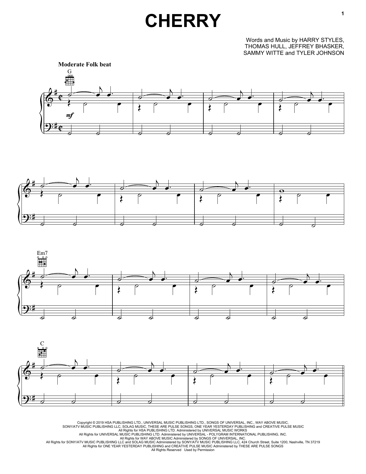 Download Harry Styles Cherry Sheet Music and learn how to play Piano, Vocal & Guitar Chords (Right-Hand Melody) PDF digital score in minutes