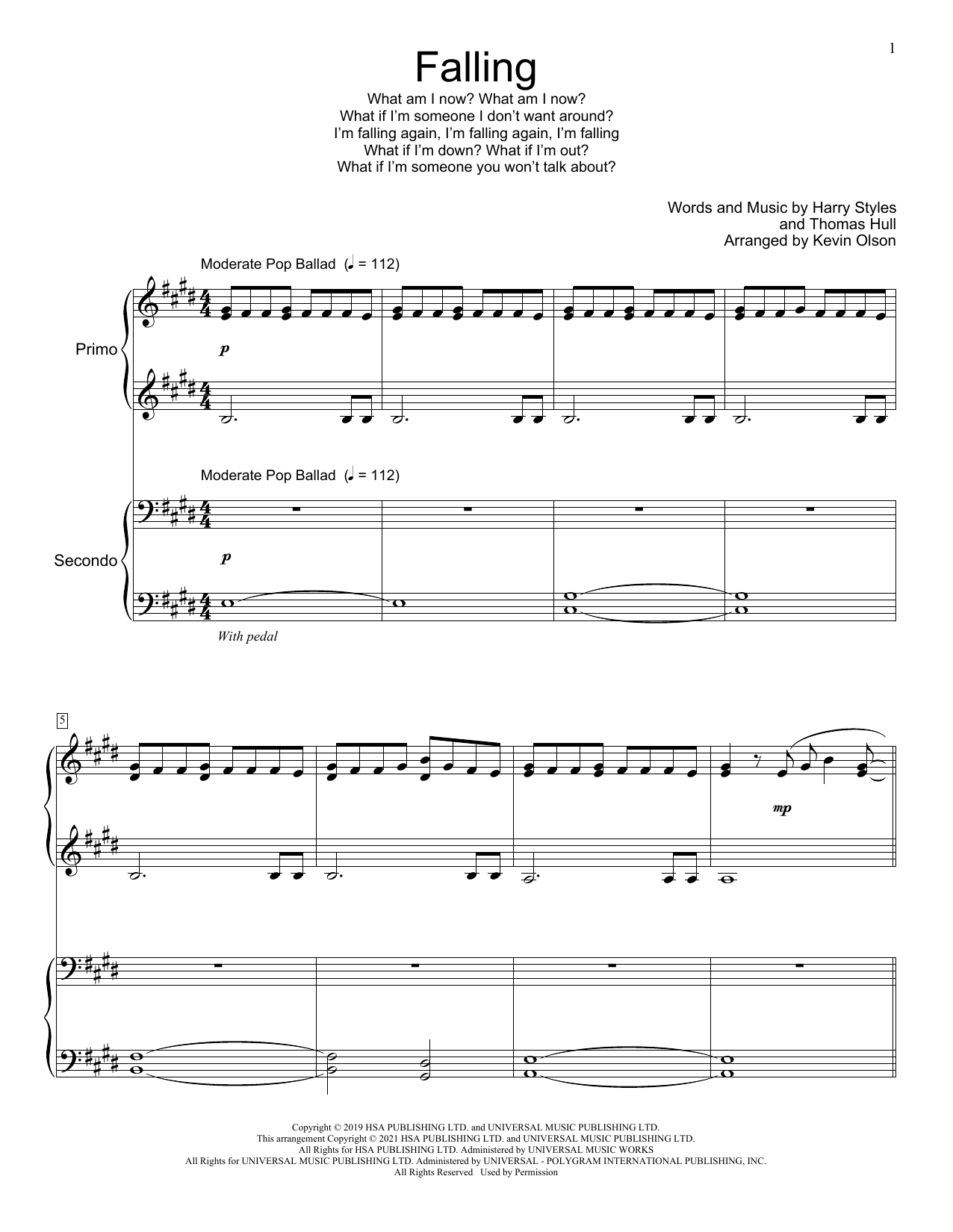 Download Harry Styles Falling (arr. Kevin Olson) Sheet Music and learn how to play Piano Duet PDF digital score in minutes