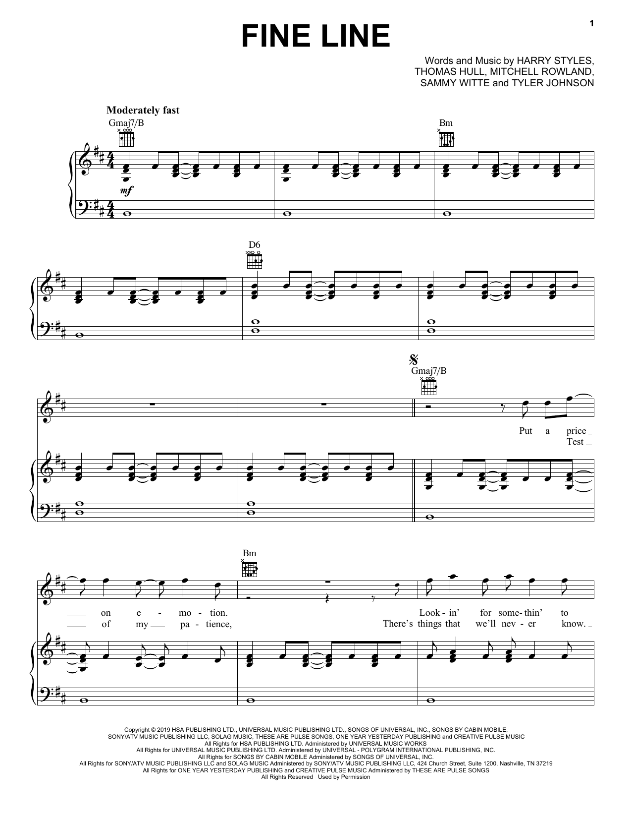 Download Harry Styles Fine Line Sheet Music and learn how to play Piano, Vocal & Guitar Chords (Right-Hand Melody) PDF digital score in minutes