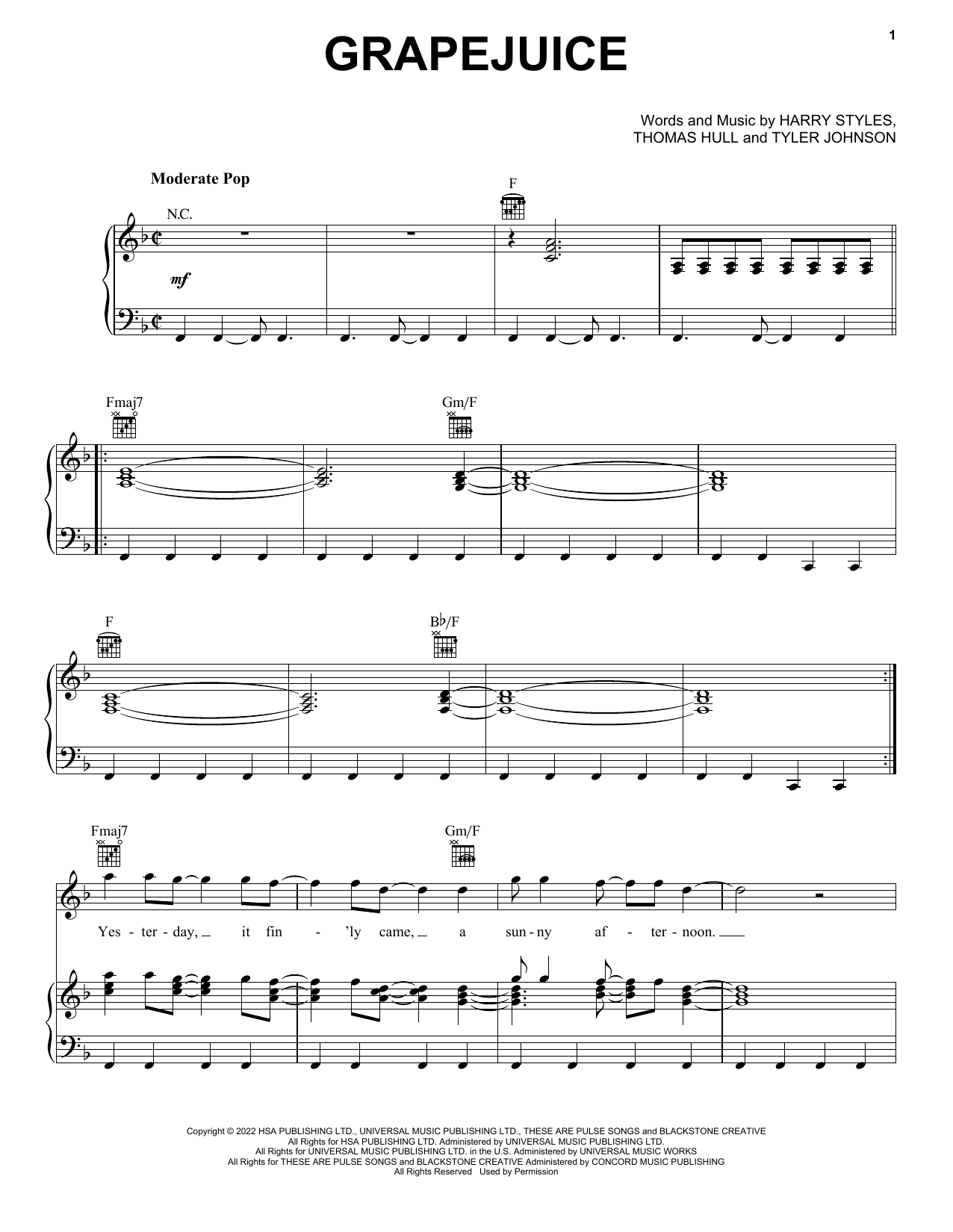 Download Harry Styles Grapejuice Sheet Music and learn how to play Piano, Vocal & Guitar Chords (Right-Hand Melody) PDF digital score in minutes