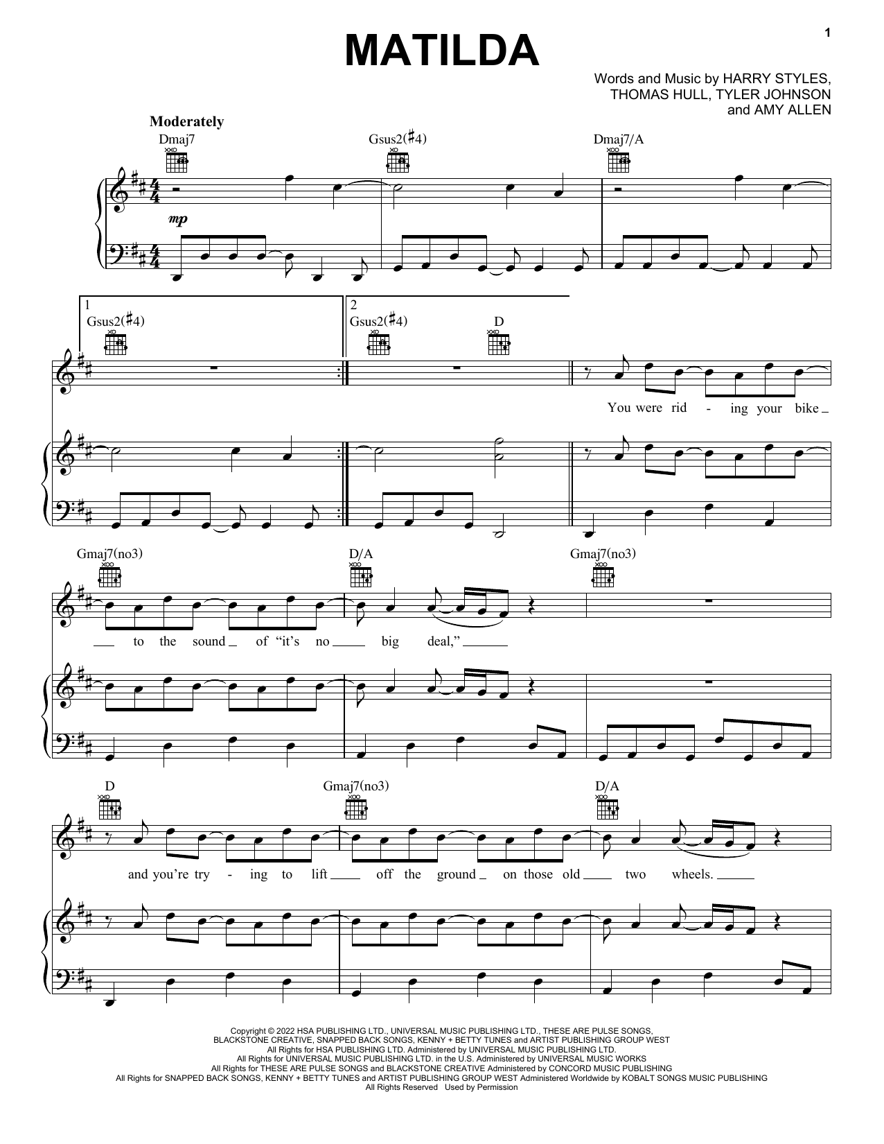 Download Harry Styles Matilda Sheet Music and learn how to play Super Easy Piano PDF digital score in minutes