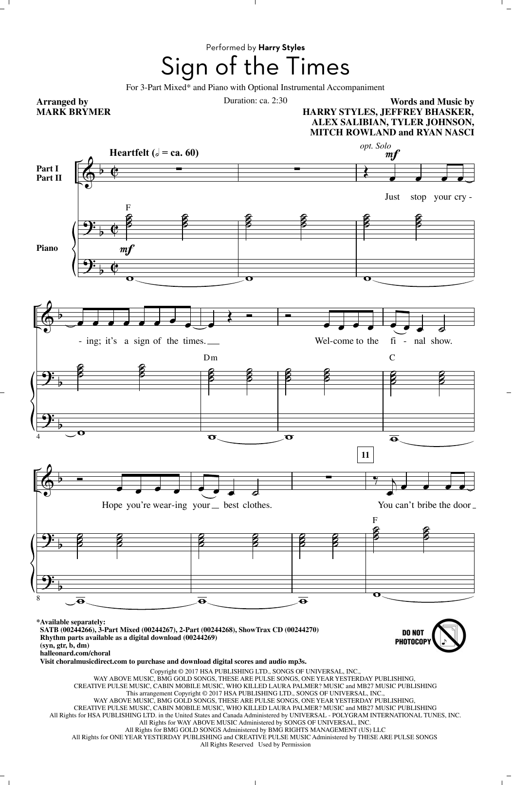 Download Harry Styles Sign Of The Times (arr. Mark Brymer) Sheet Music and learn how to play 3-Part Mixed Choir PDF digital score in minutes