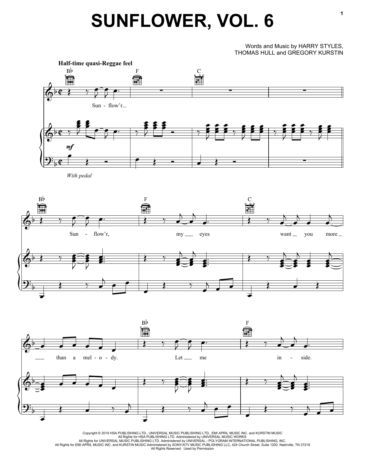 Download Harry Styles Sunflower, Vol. 6 Sheet Music and learn how to play Piano, Vocal & Guitar Chords (Right-Hand Melody) PDF digital score in minutes