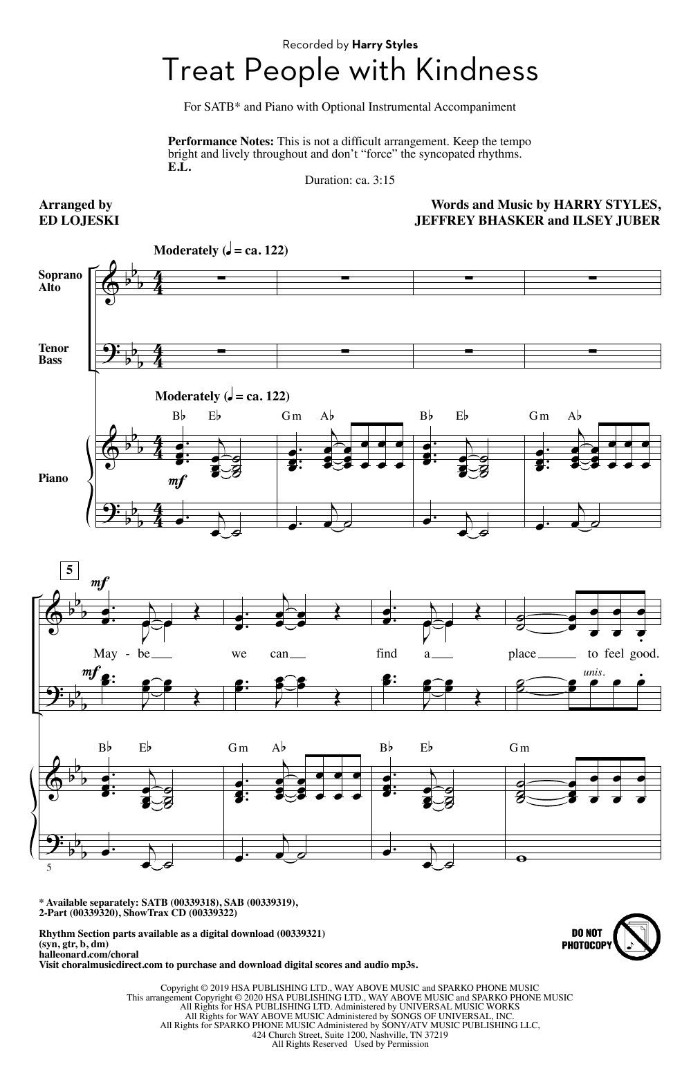 Download Harry Styles Treat People With Kindness (arr. Ed Lojeski) Sheet Music and learn how to play 2-Part Choir PDF digital score in minutes