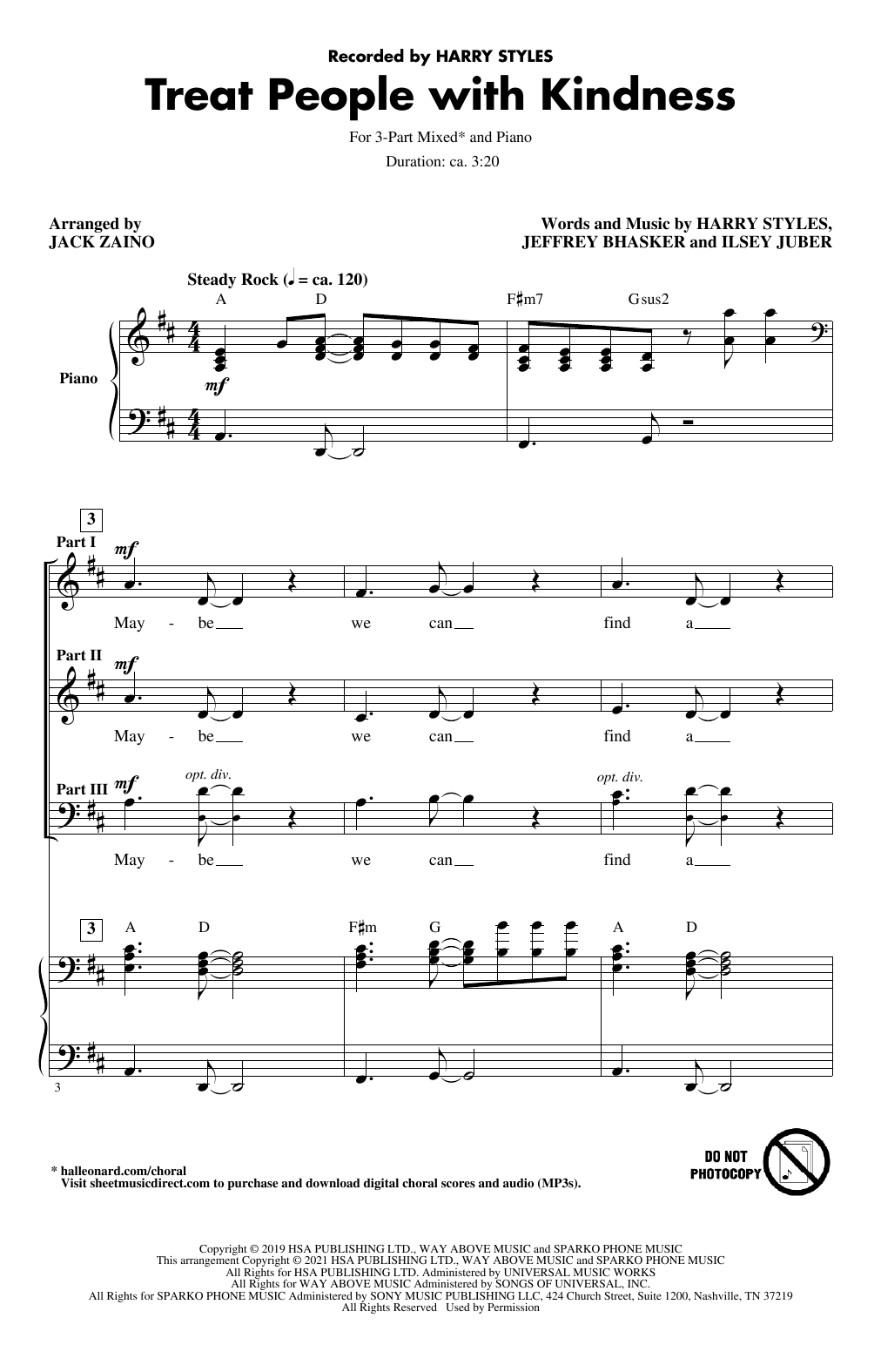Download Harry Styles Treat People With Kindness (arr. Jack Zaino) Sheet Music and learn how to play 3-Part Mixed Choir PDF digital score in minutes