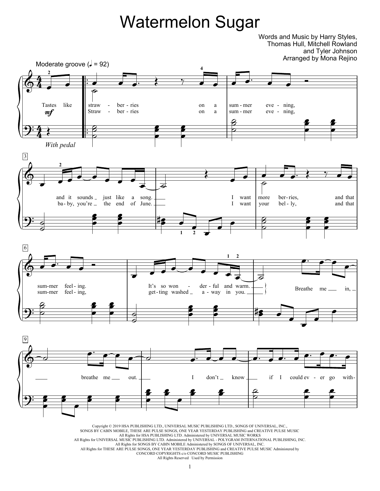 Download Harry Styles Watermelon Sugar (arr. Mona Rejino) Sheet Music and learn how to play Educational Piano PDF digital score in minutes