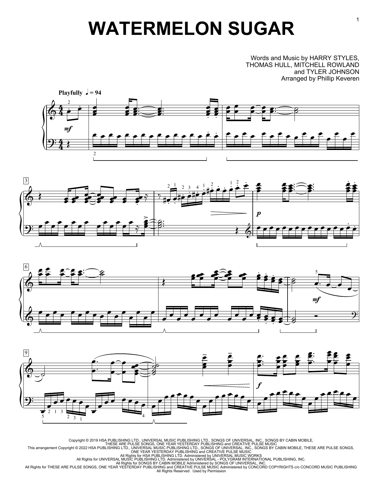 Download Harry Styles Watermelon Sugar (arr. Phillip Keveren) Sheet Music and learn how to play Piano Solo PDF digital score in minutes