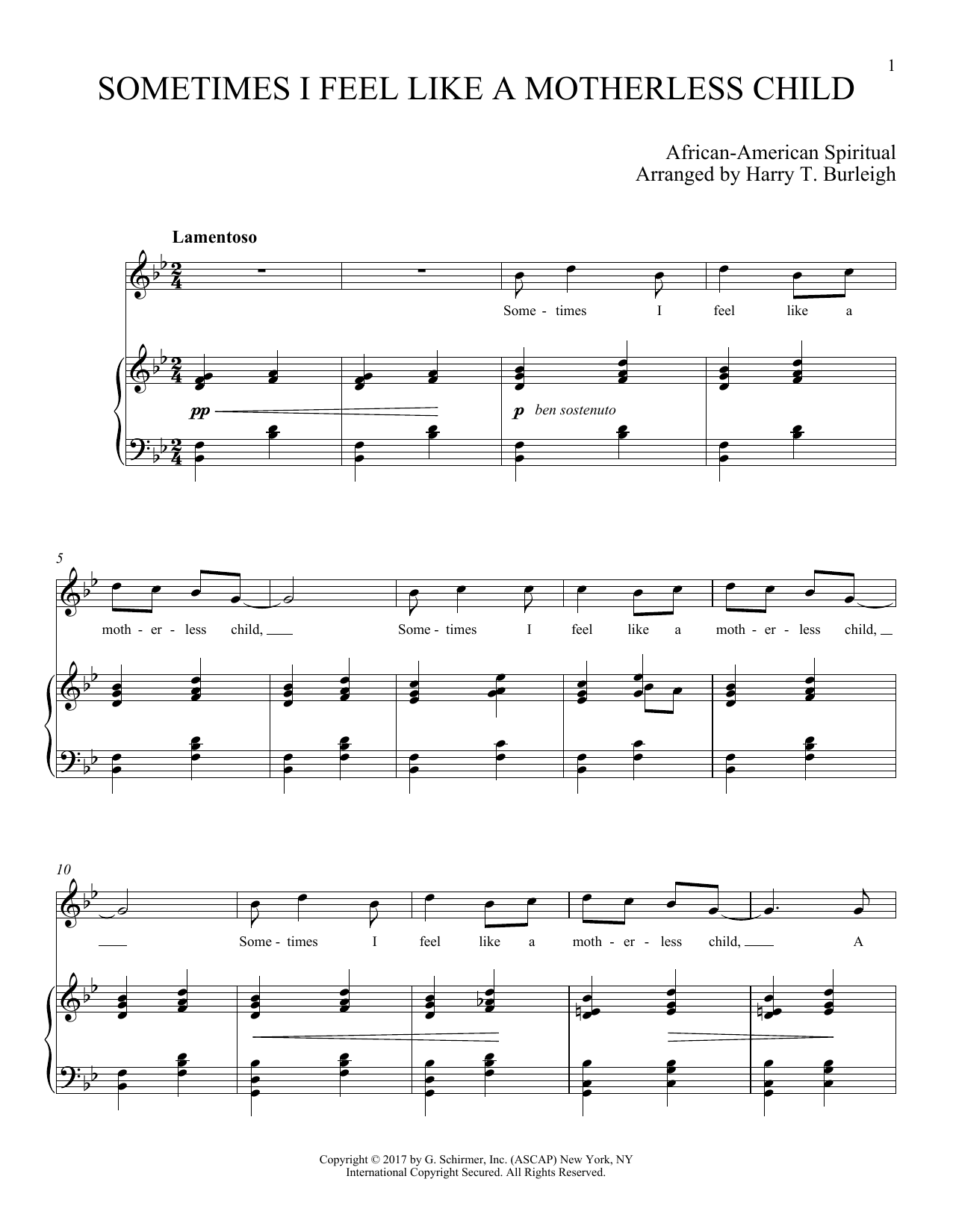 Download Harry T. Burleigh Sometimes I Feel Like A Motherless Child Sheet Music and learn how to play Piano & Vocal PDF digital score in minutes