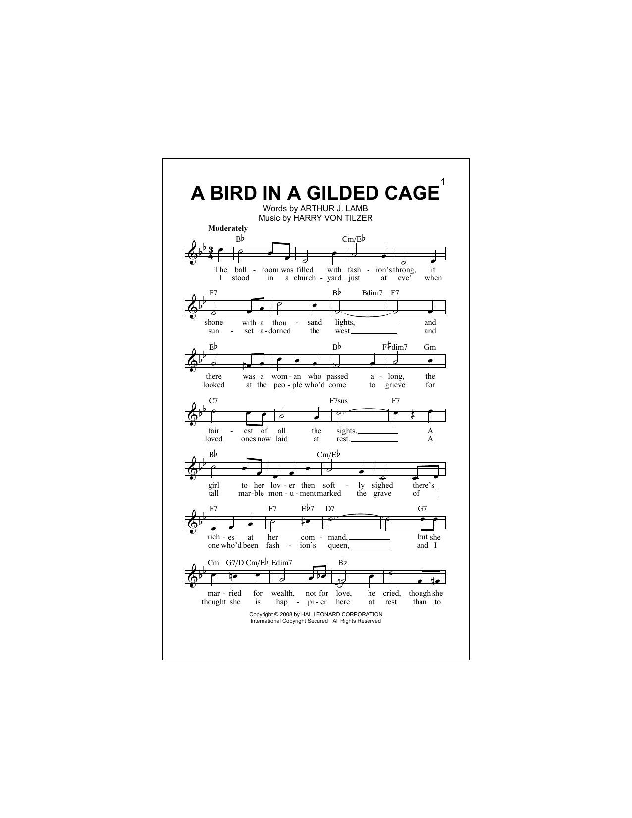 Download Harry von Tilzer A Bird In A Gilded Cage Sheet Music and learn how to play Melody Line, Lyrics & Chords PDF digital score in minutes