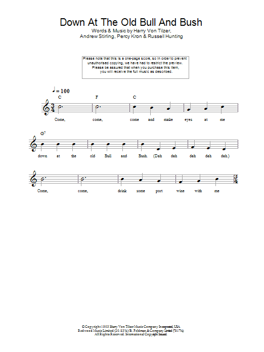 Download Harry Von Tilzer Down At The Old Bull And Bush Sheet Music and learn how to play Melody Line, Lyrics & Chords PDF digital score in minutes