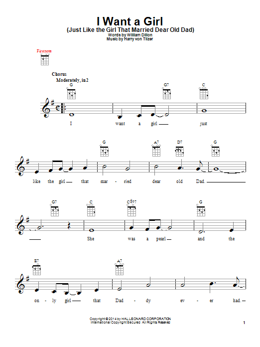 Download Harry von Tilzer I Want A Girl (Just Like The Girl That Married Dear Old Dad) Sheet Music and learn how to play Ukulele PDF digital score in minutes