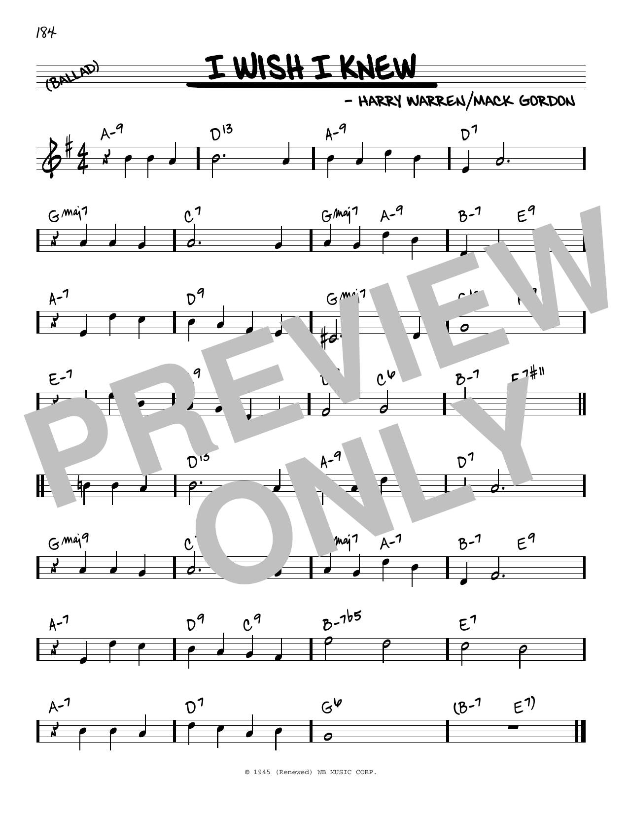 Download Harry Warren and Mack Gordon I Wish I Knew Sheet Music and learn how to play Real Book – Melody & Chords PDF digital score in minutes