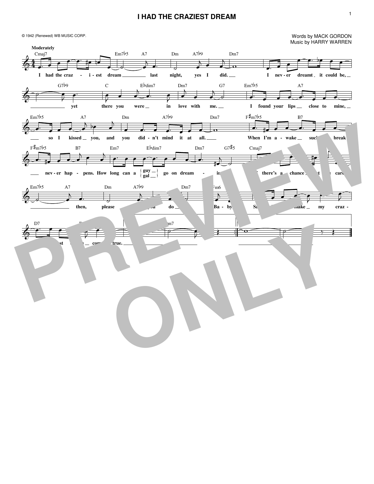 Download Harry Warren I Had The Craziest Dream Sheet Music and learn how to play Melody Line, Lyrics & Chords PDF digital score in minutes