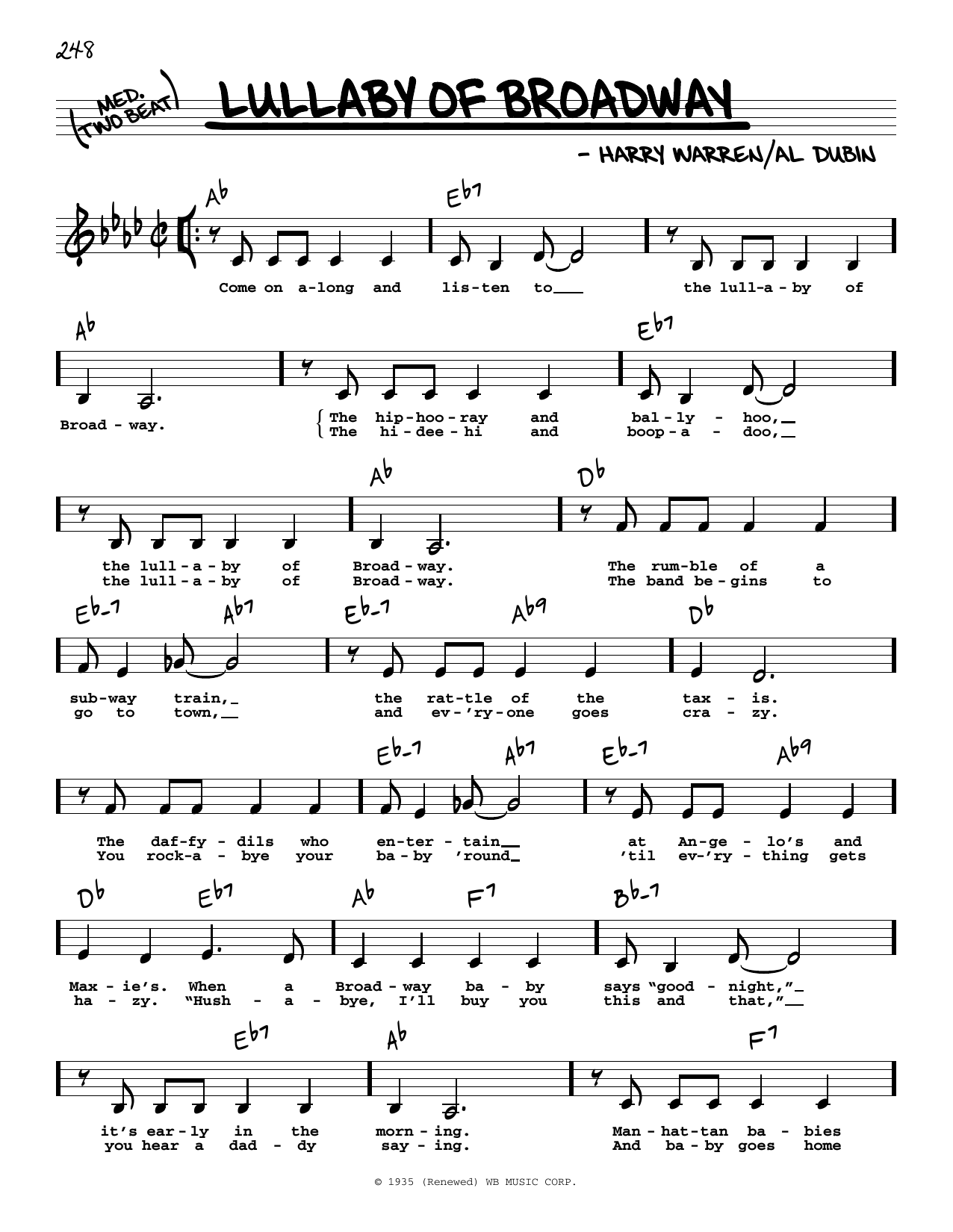 Download Harry Warren Lullaby Of Broadway (Low Voice) Sheet Music and learn how to play Real Book – Melody, Lyrics & Chords PDF digital score in minutes