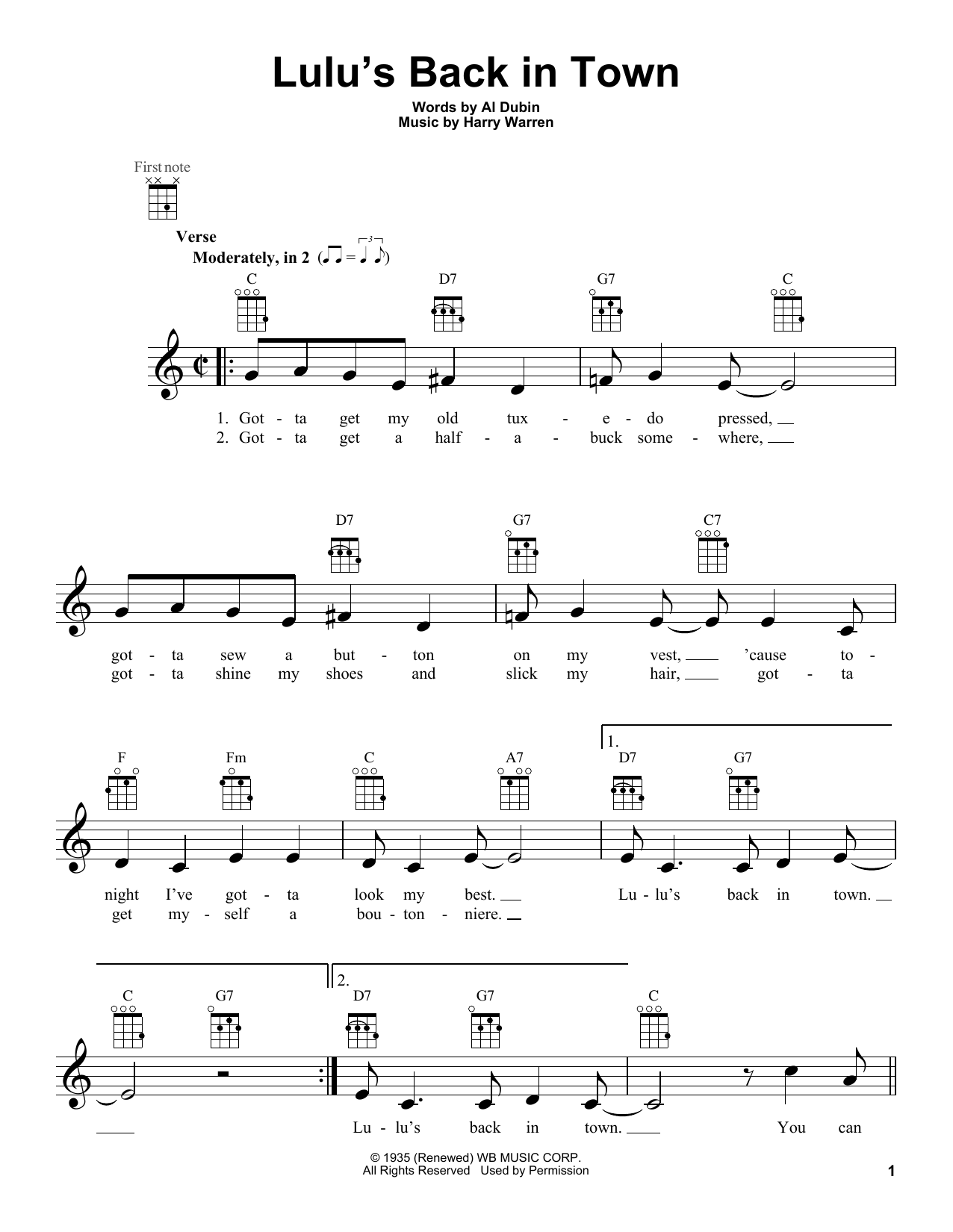 Download Harry Warren Lulu's Back In Town Sheet Music and learn how to play Ukulele PDF digital score in minutes