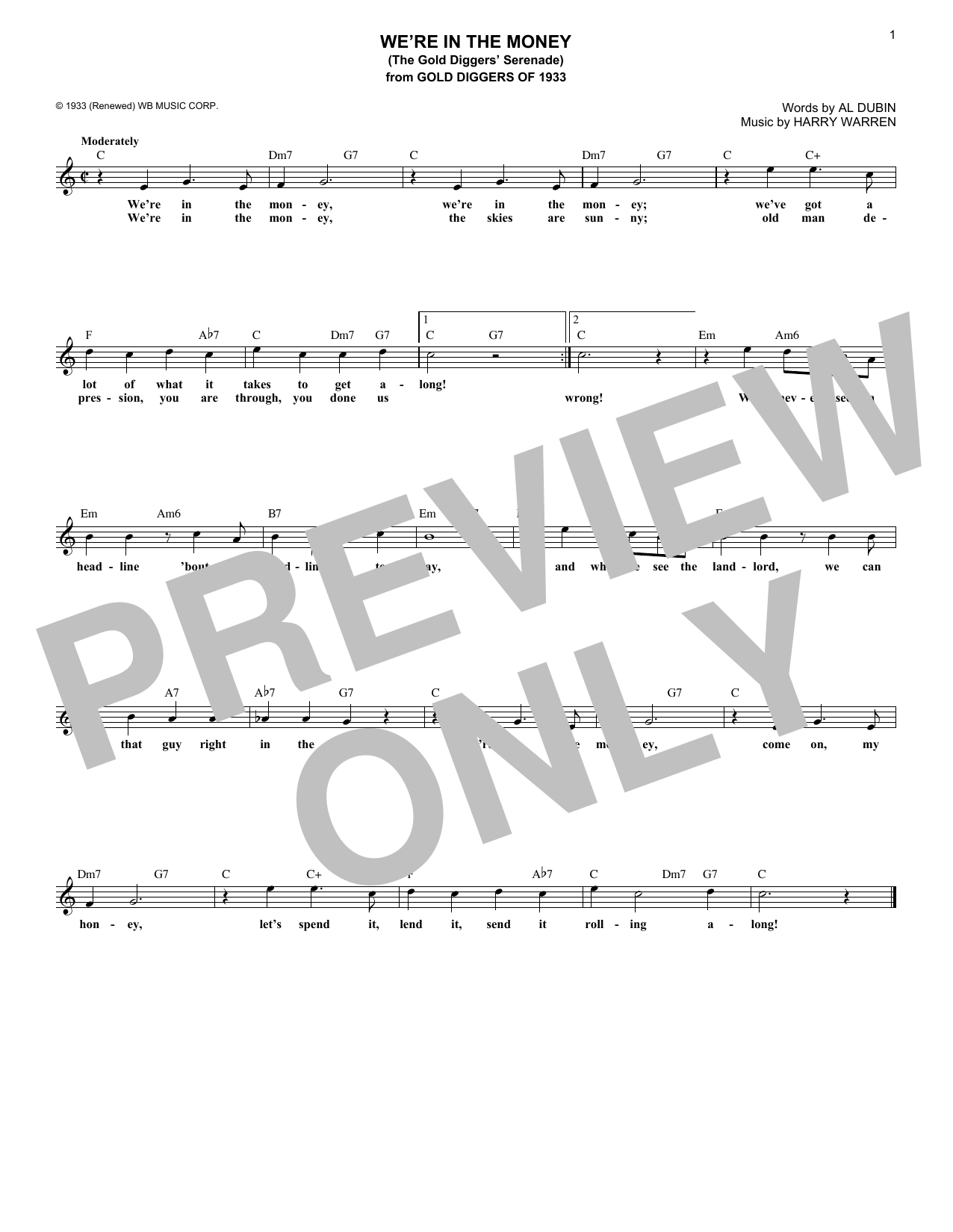 Download Harry Warren We're In The Money (The Gold Diggers Serenade) Sheet Music and learn how to play Piano, Vocal & Guitar (Right-Hand Melody) PDF digital score in minutes