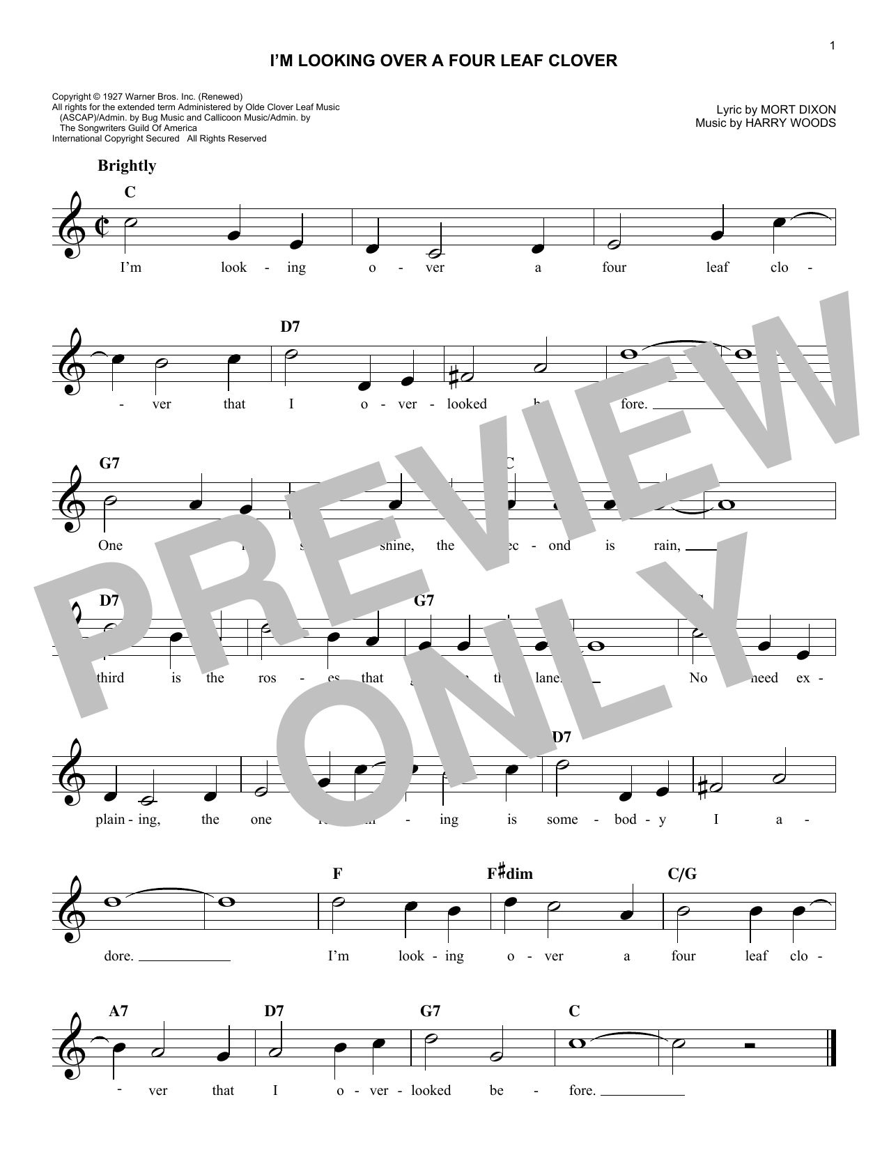 Download Harry Woods I'm Looking Over A Four Leaf Clover Sheet Music and learn how to play Melody Line, Lyrics & Chords PDF digital score in minutes
