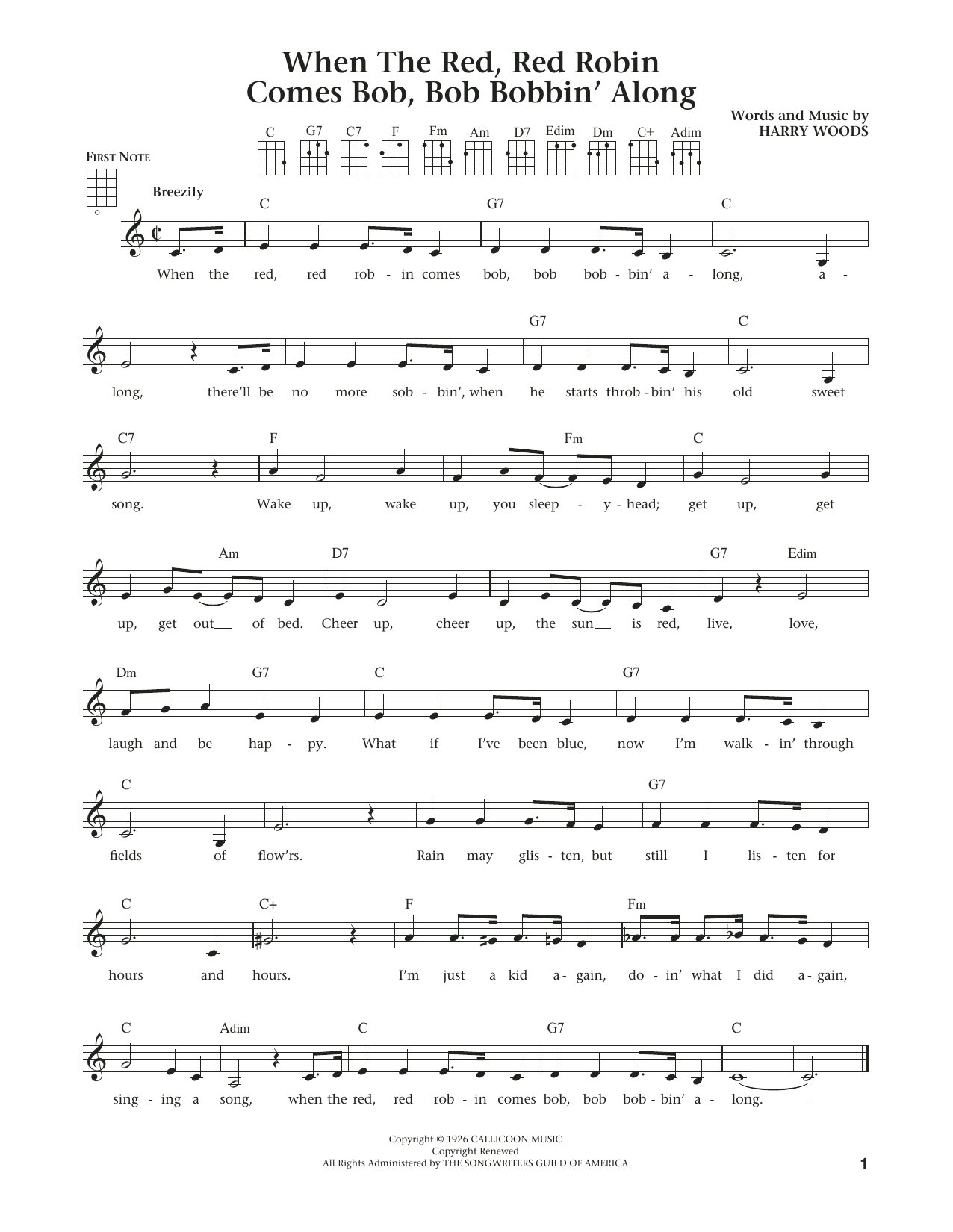 Download Harry Woods When The Red, Red Robin Comes Bob, Bob Bobbin' Along Sheet Music and learn how to play Ukulele PDF digital score in minutes