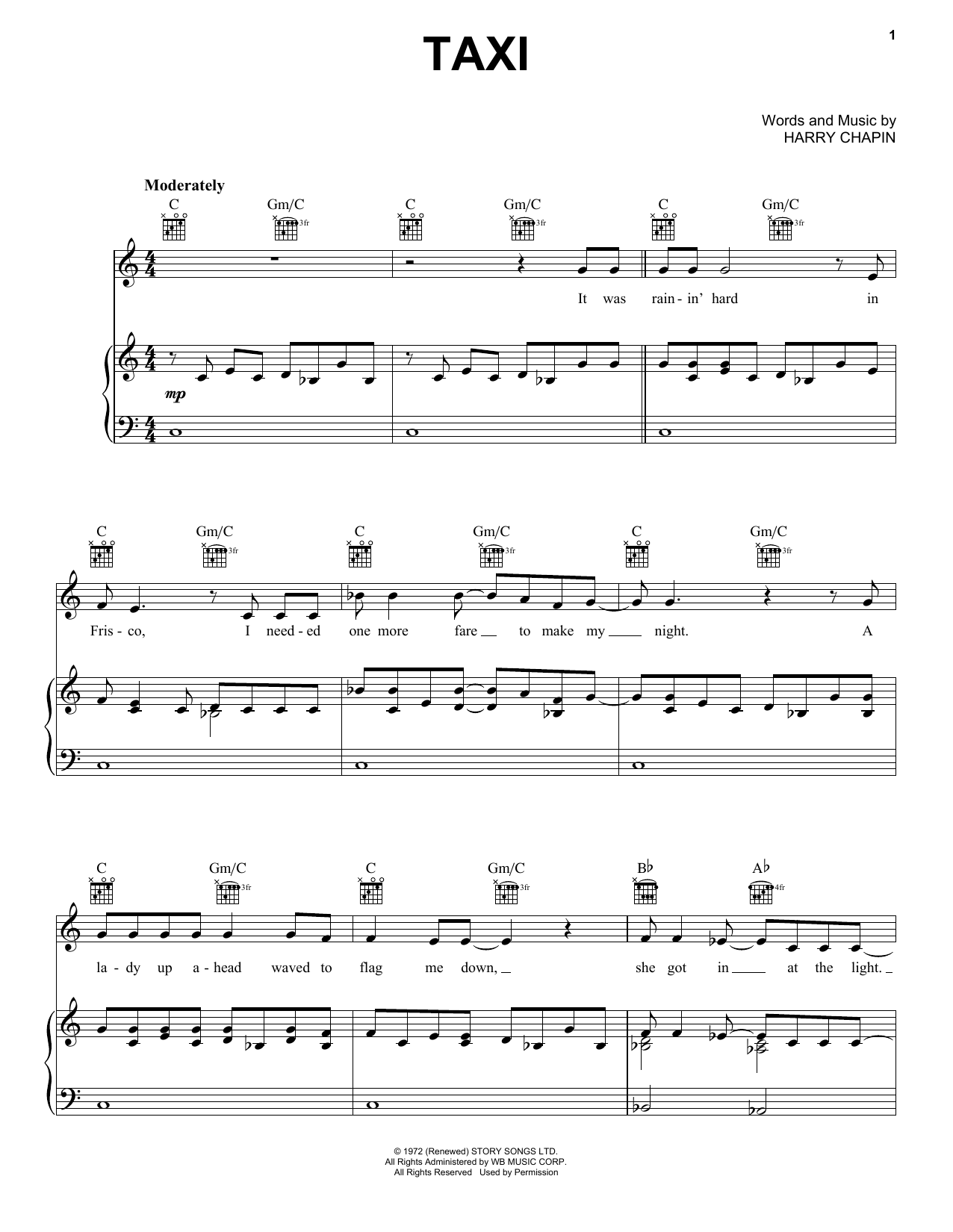 Harry chapin taxi sheet music notes download printable pdf score 475876