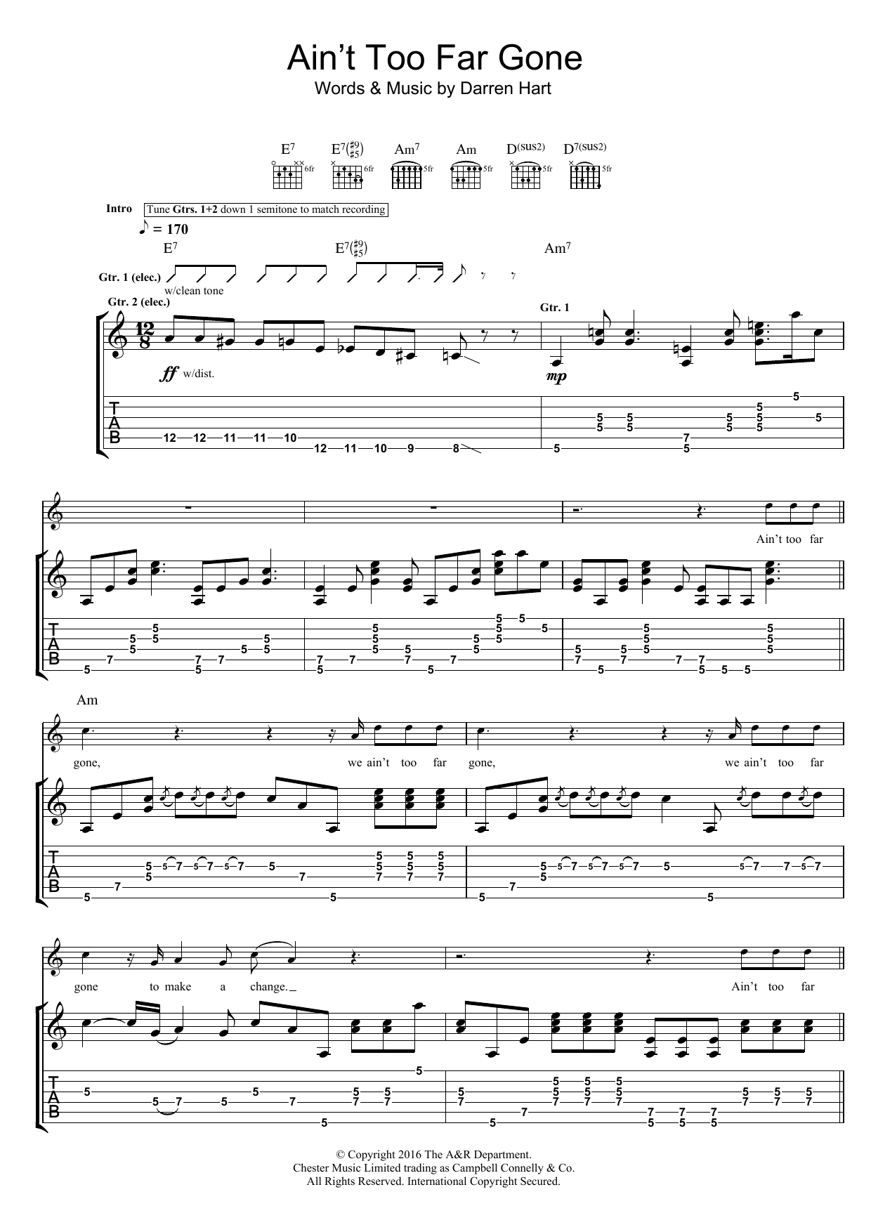 Download Harts Ain't Too Far Gone Sheet Music and learn how to play Guitar Tab PDF digital score in minutes