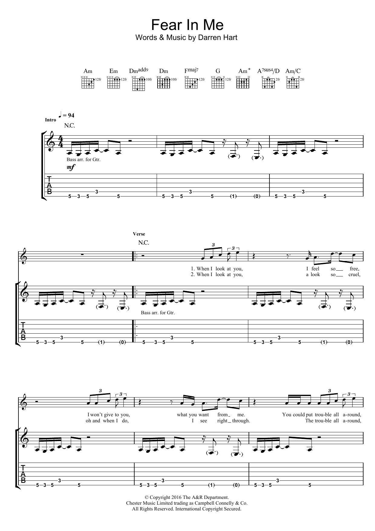 Download Harts Fear In Me Sheet Music and learn how to play Guitar Tab PDF digital score in minutes
