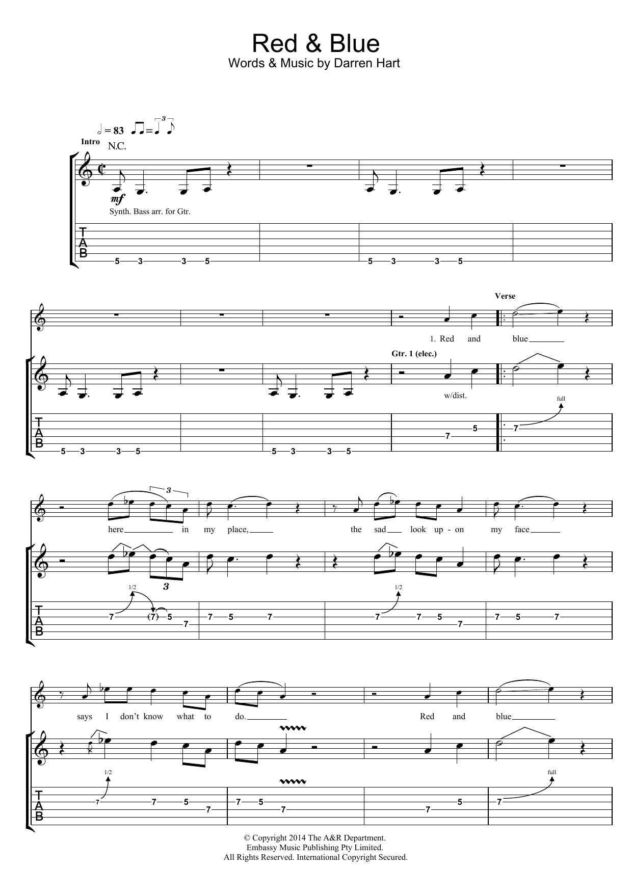 Download Harts Red And Blue Sheet Music and learn how to play Guitar Tab PDF digital score in minutes